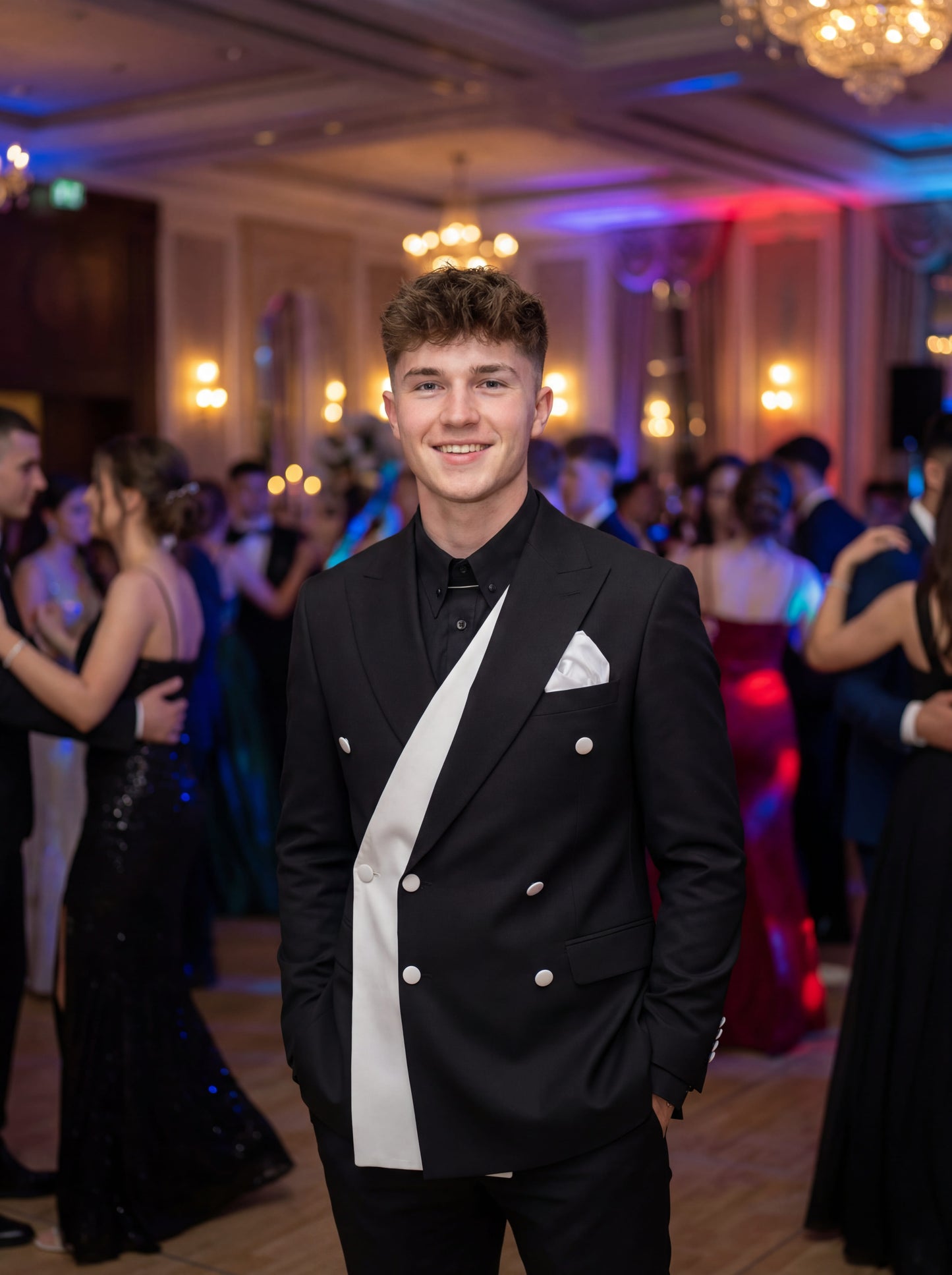 Black double-breasted prom suit with white contrast panel