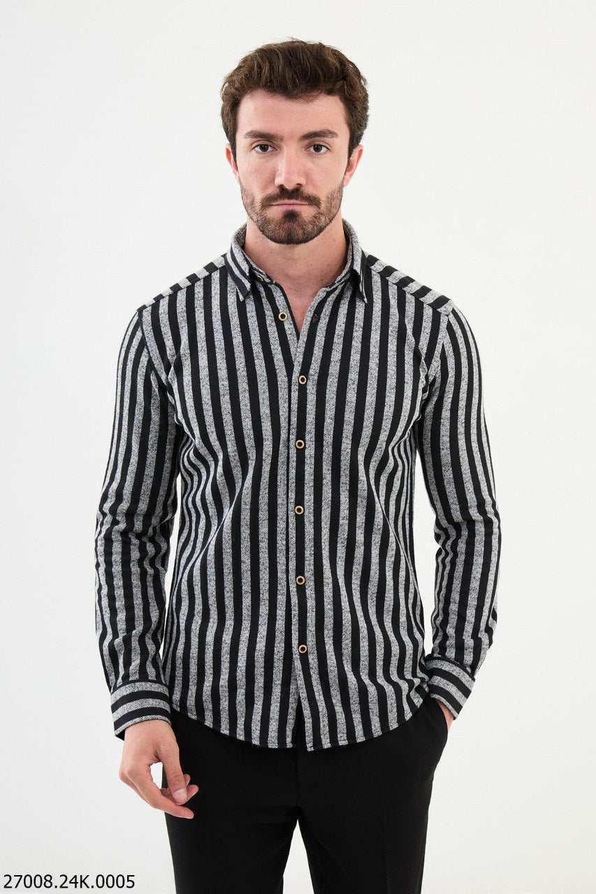 Black-Gray Striped Long Sleeve Shirt for Men. HolloMen Black-Gray Striped Long Sleeve Shirt for Men. HolloMen