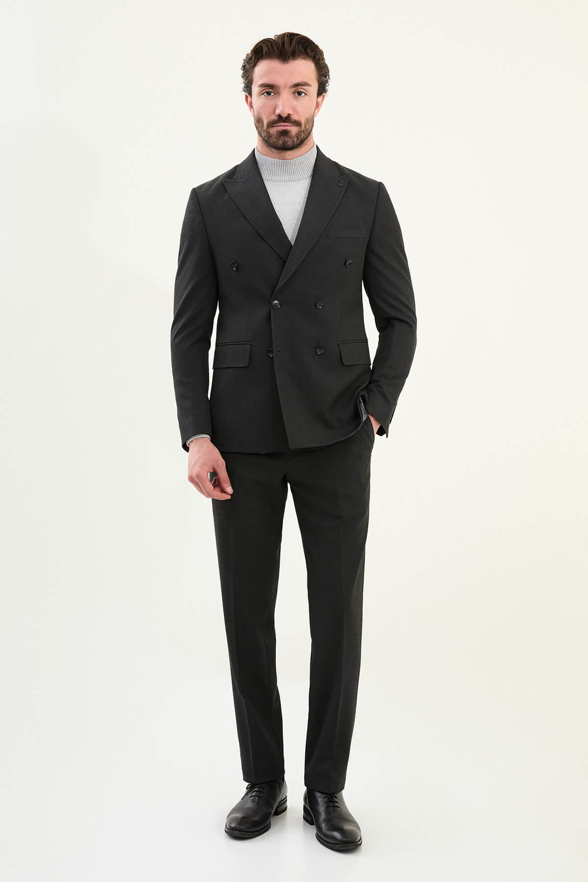 Zermatt Double Breasted Suit — Black Wool | HolloMen