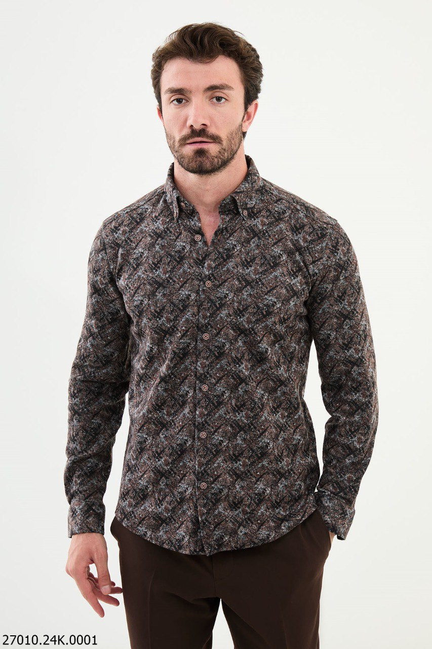 Brown Abstract Pattern Slim-Fit Men's Shirt. HolloMen Brown Abstract Pattern Slim-Fit Men's Shirt. HolloMen