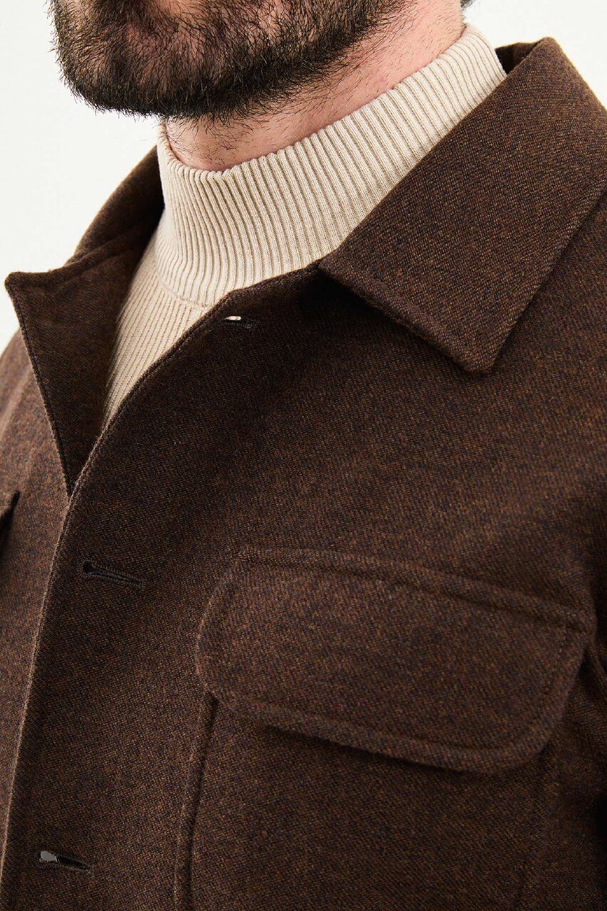 Men’s brown wool blend utility jacket with button-up front and four pockets, regular fit smart casual layering jacket styled with dark jeans, beige turtleneck sweater, and brown leather shoes