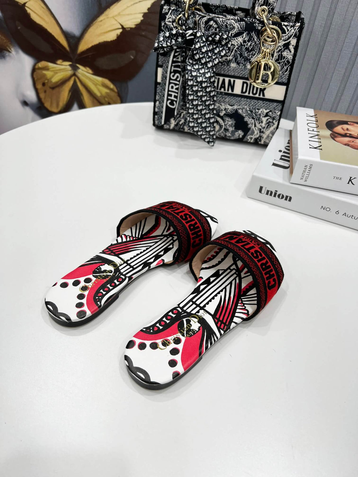 Christian Dior Bandana Dway Slides Whte & Red