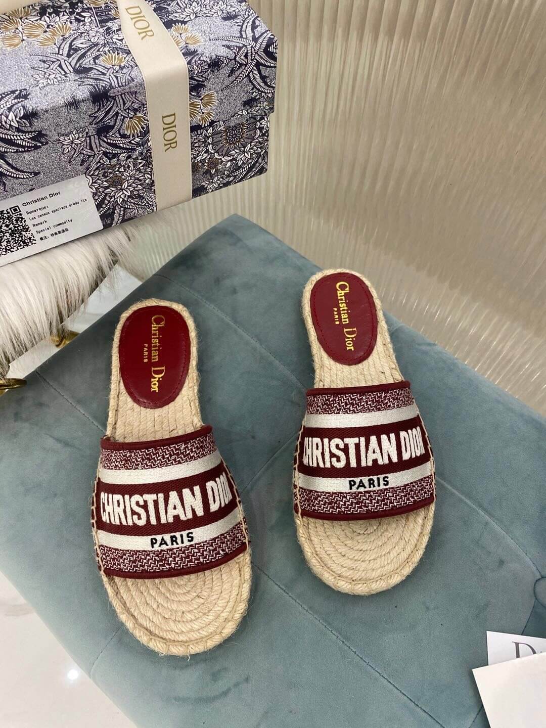 Christian Dior Canvas Embroidered Granville Espadrille Flat Slide Sandals Red