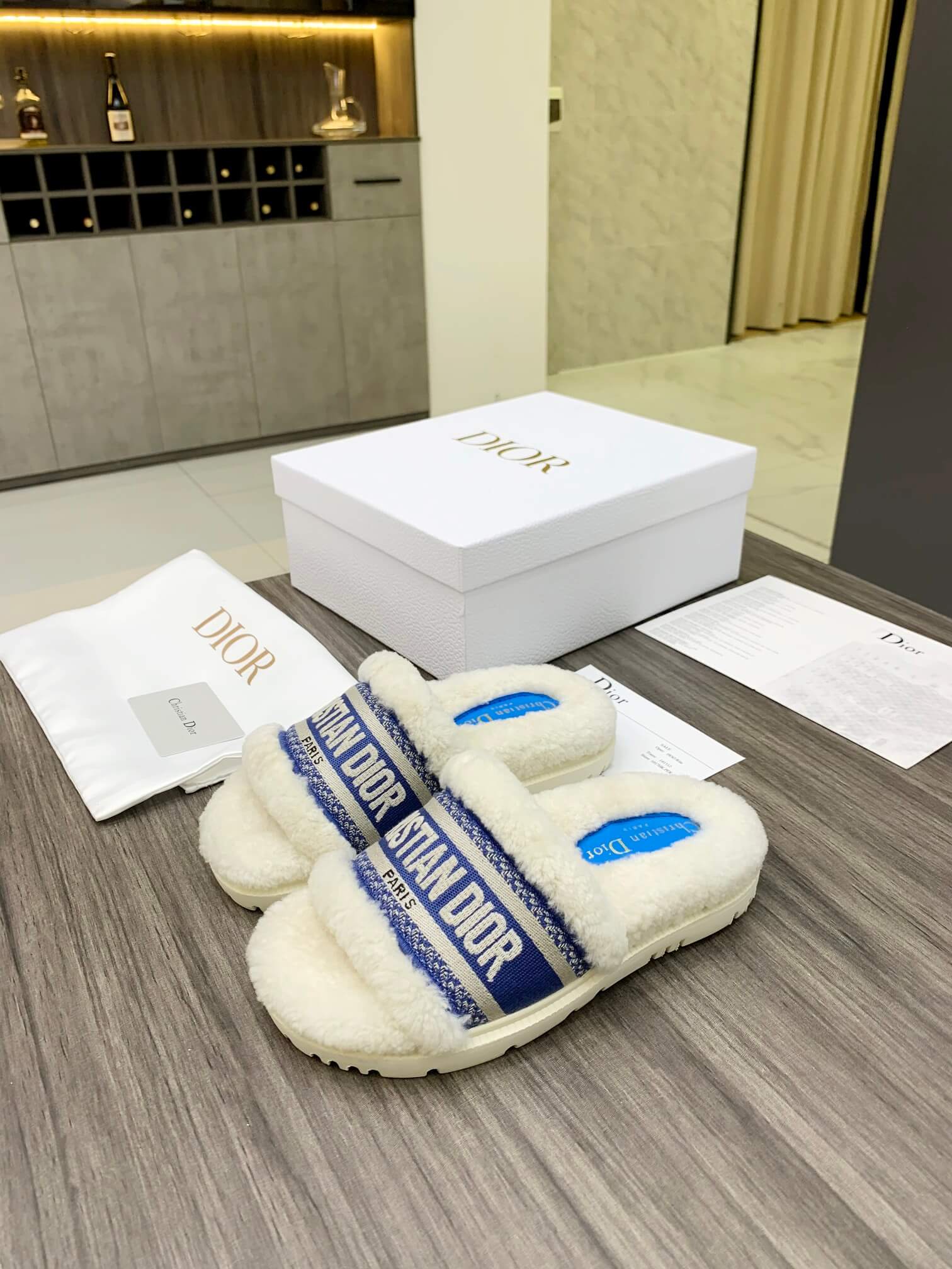 Christian Dior Dway Blue White Shearling Fur Logo Chunky Slide