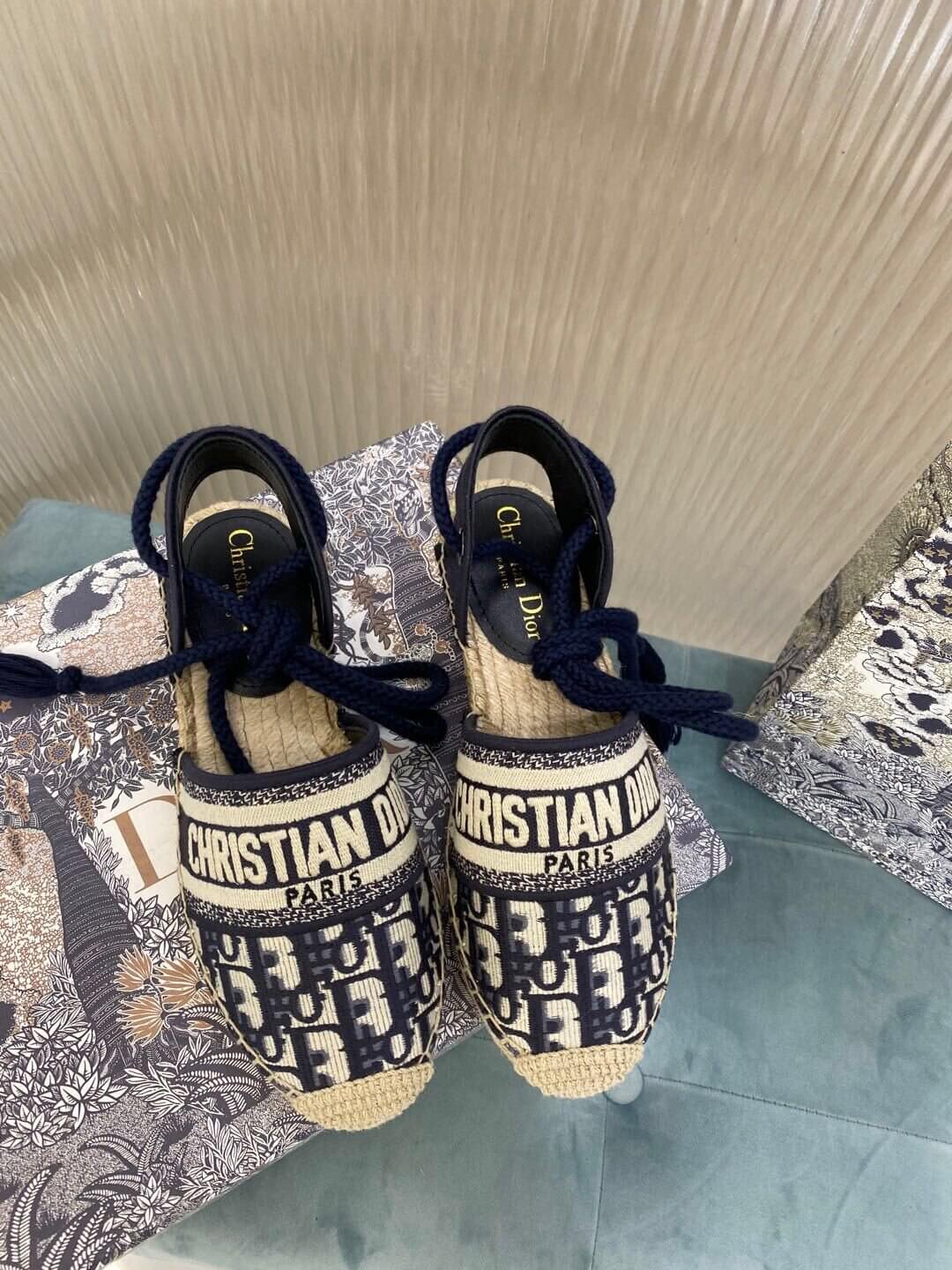 Christian Dior Granville Espadrille Sandal Svart med Beige Dior-tryck