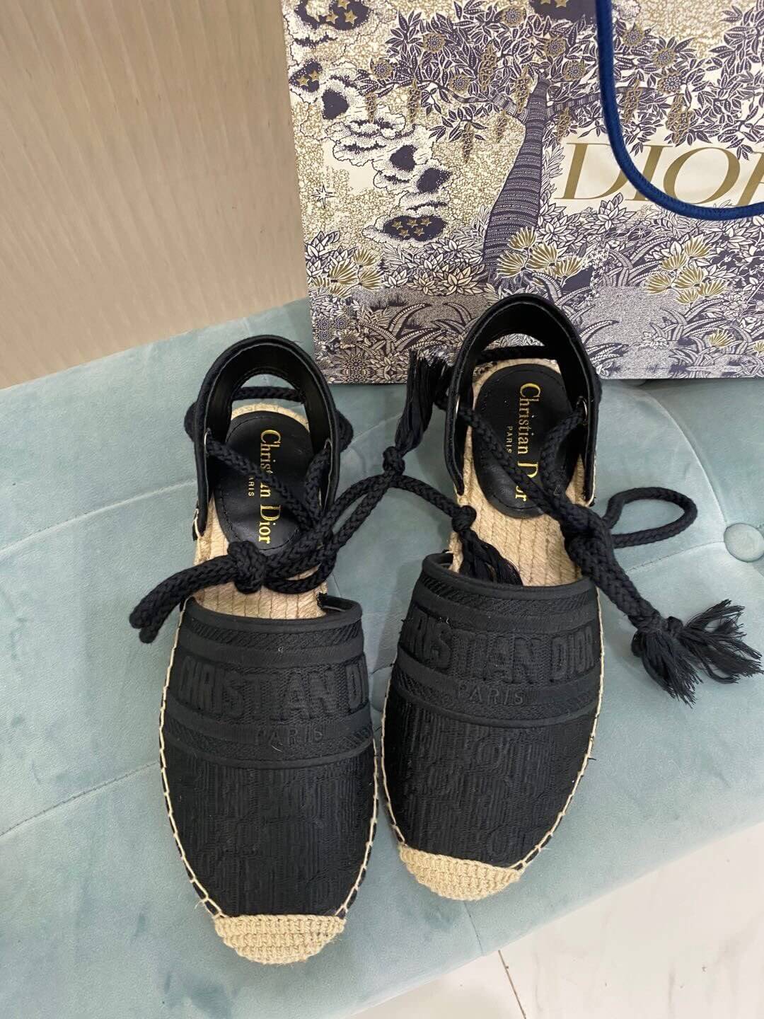 Christian Dior Granville Espadrille-Sandale, schwarz mit beiger Sohle