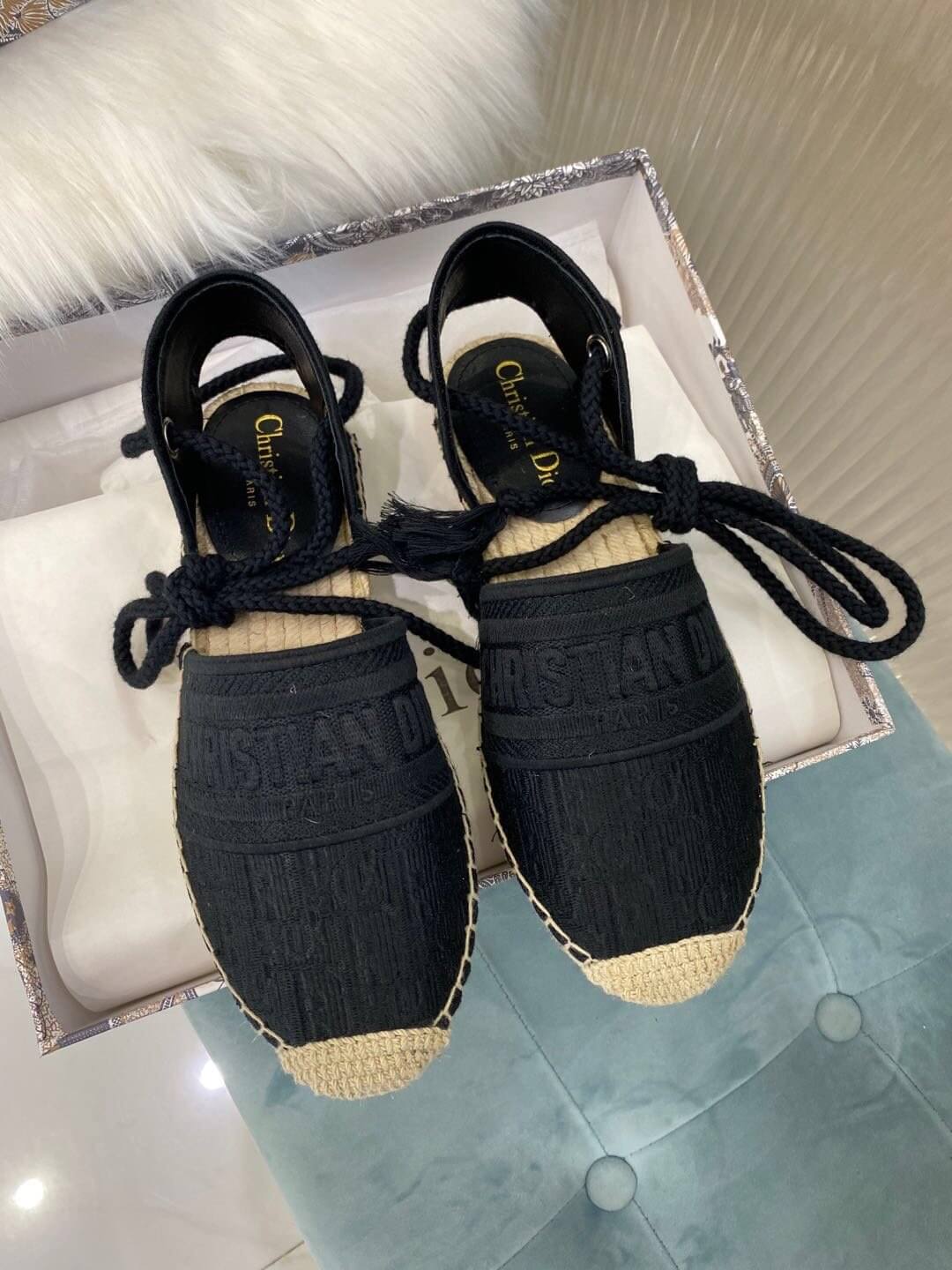 Christian Dior Granville Espadrille-Sandale, schwarz mit beiger Sohle