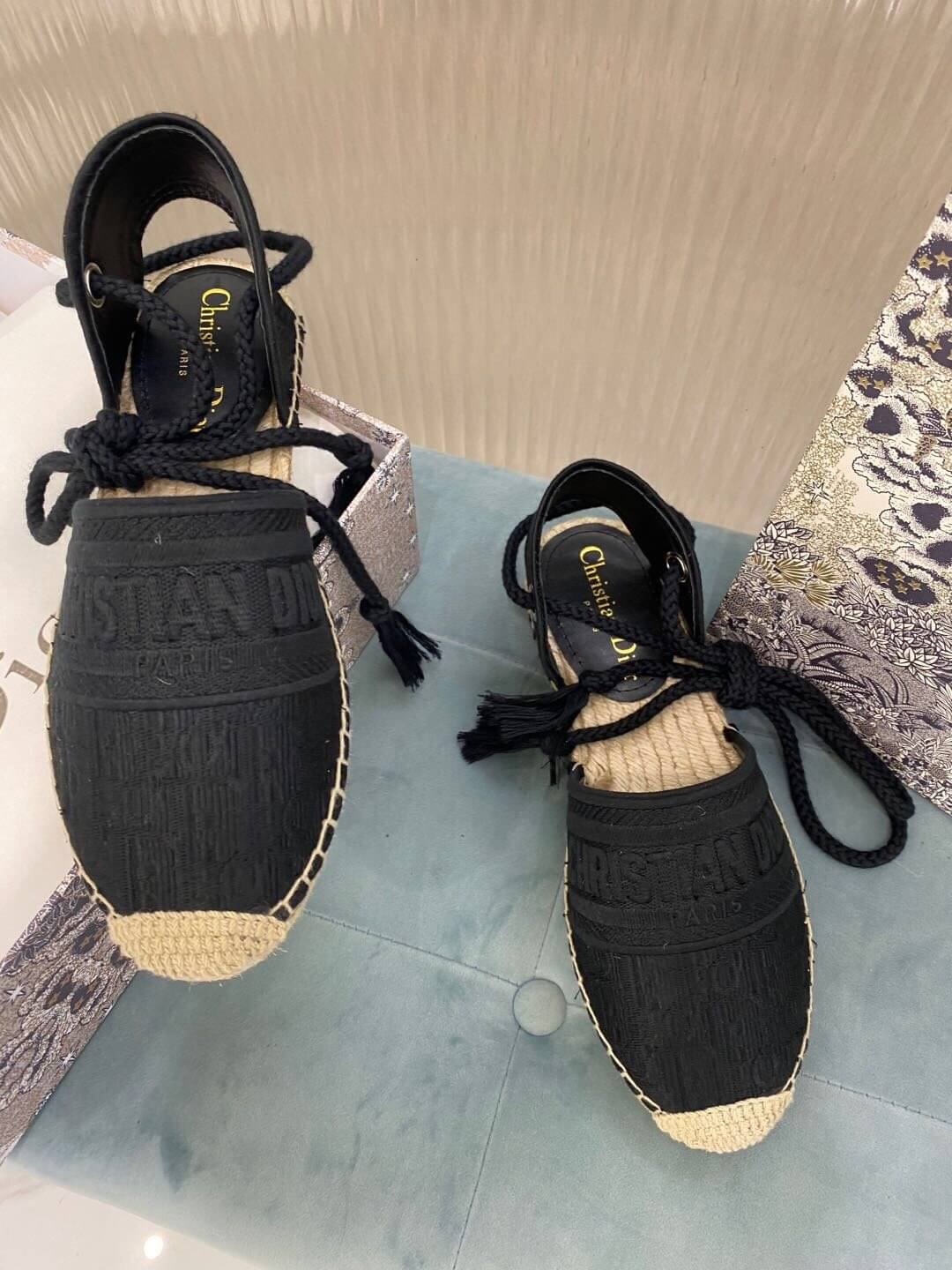 Christian Dior Granville Espadrille-Sandale, schwarz mit beiger Sohle