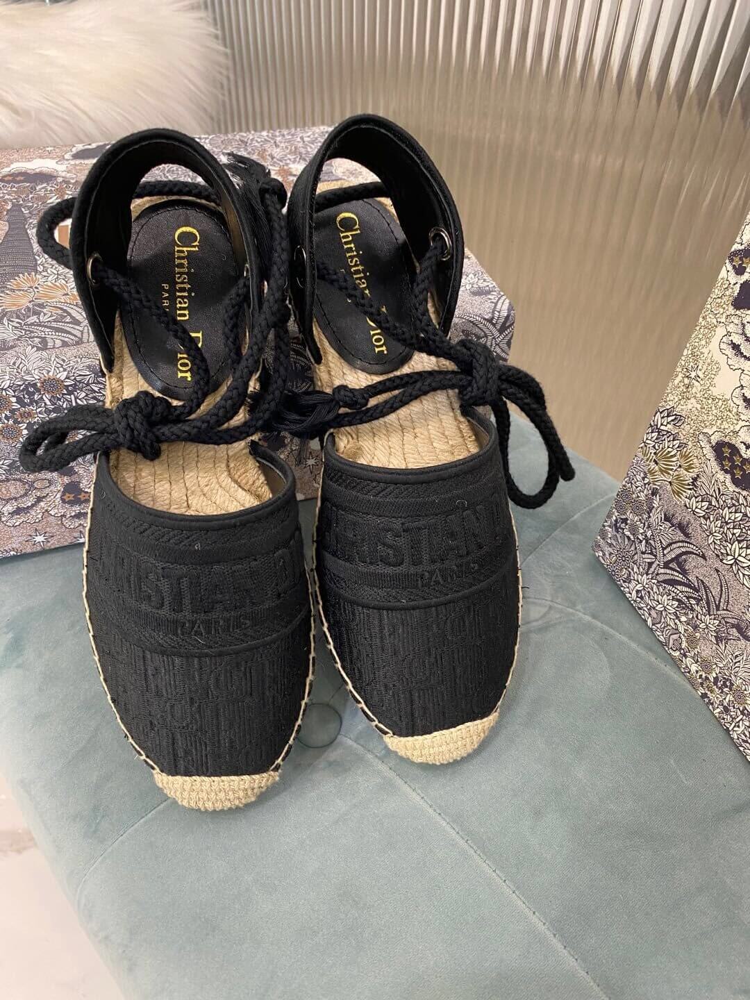 Christian Dior Granville Espadrille-Sandale, schwarz mit beiger Sohle