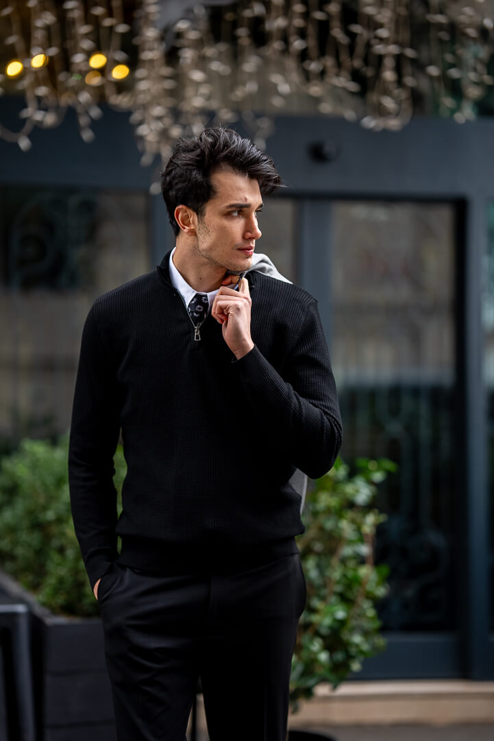 Prendas de punto clásicas de cuello con cremallera negra para hombre