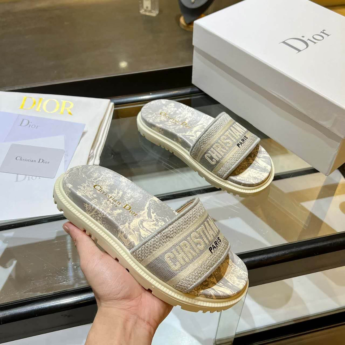 Dior D-Way Beige and Cream with Tonal Embroidered Strap Slide