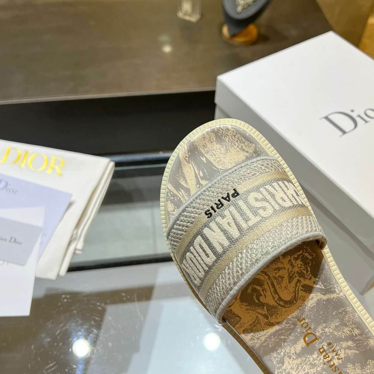 Dior D-Way Beige and Cream with Tonal Embroidered Strap Slide