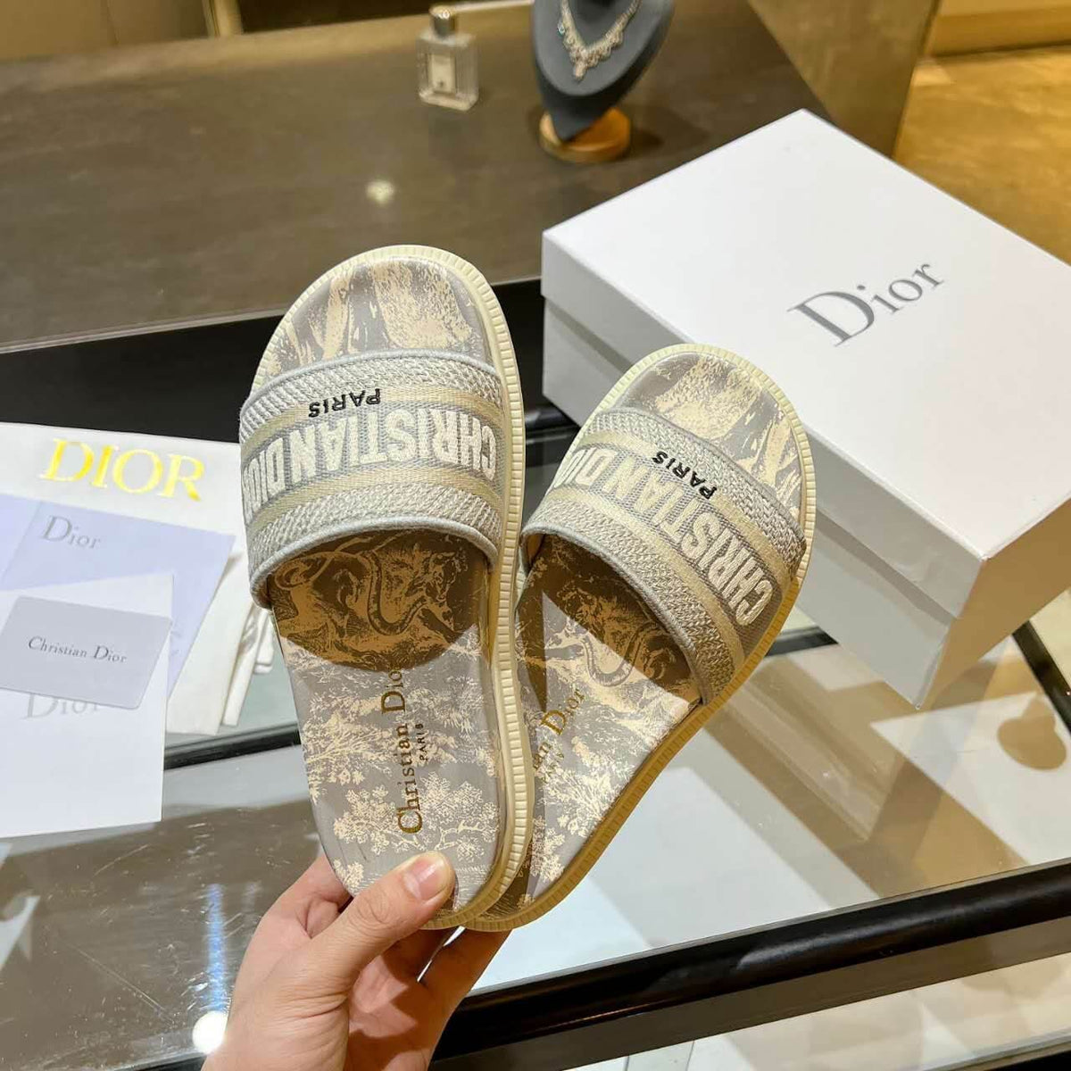 Dior D-Way Beige and Cream with Tonal Embroidered Strap Slide