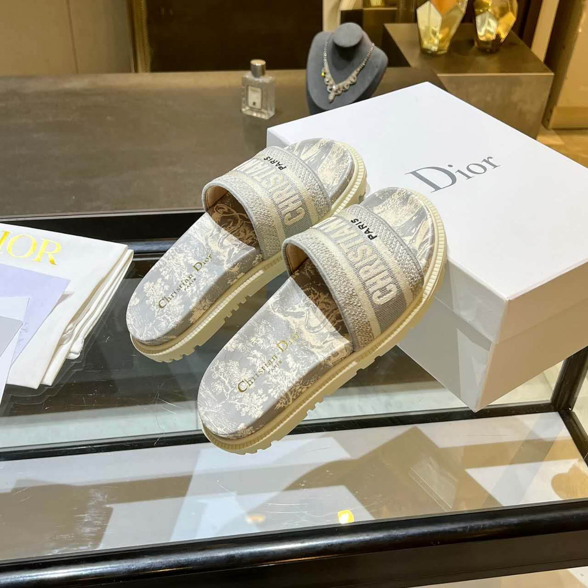 Dior D-Way Beige and Cream with Tonal Embroidered Strap Slide