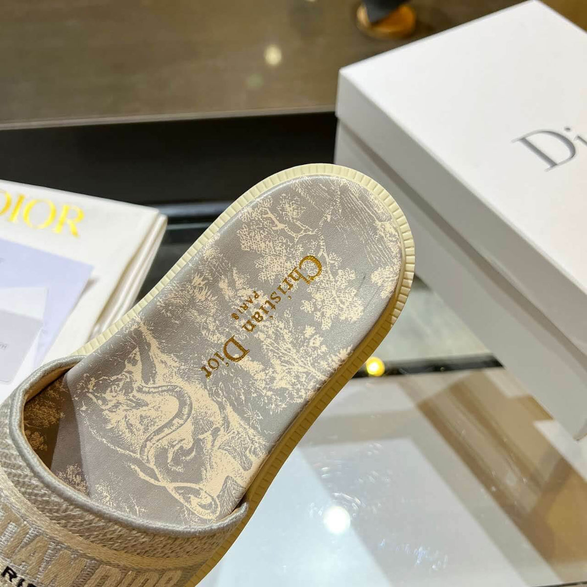 Dior D-Way Beige and Cream with Tonal Embroidered Strap Slide