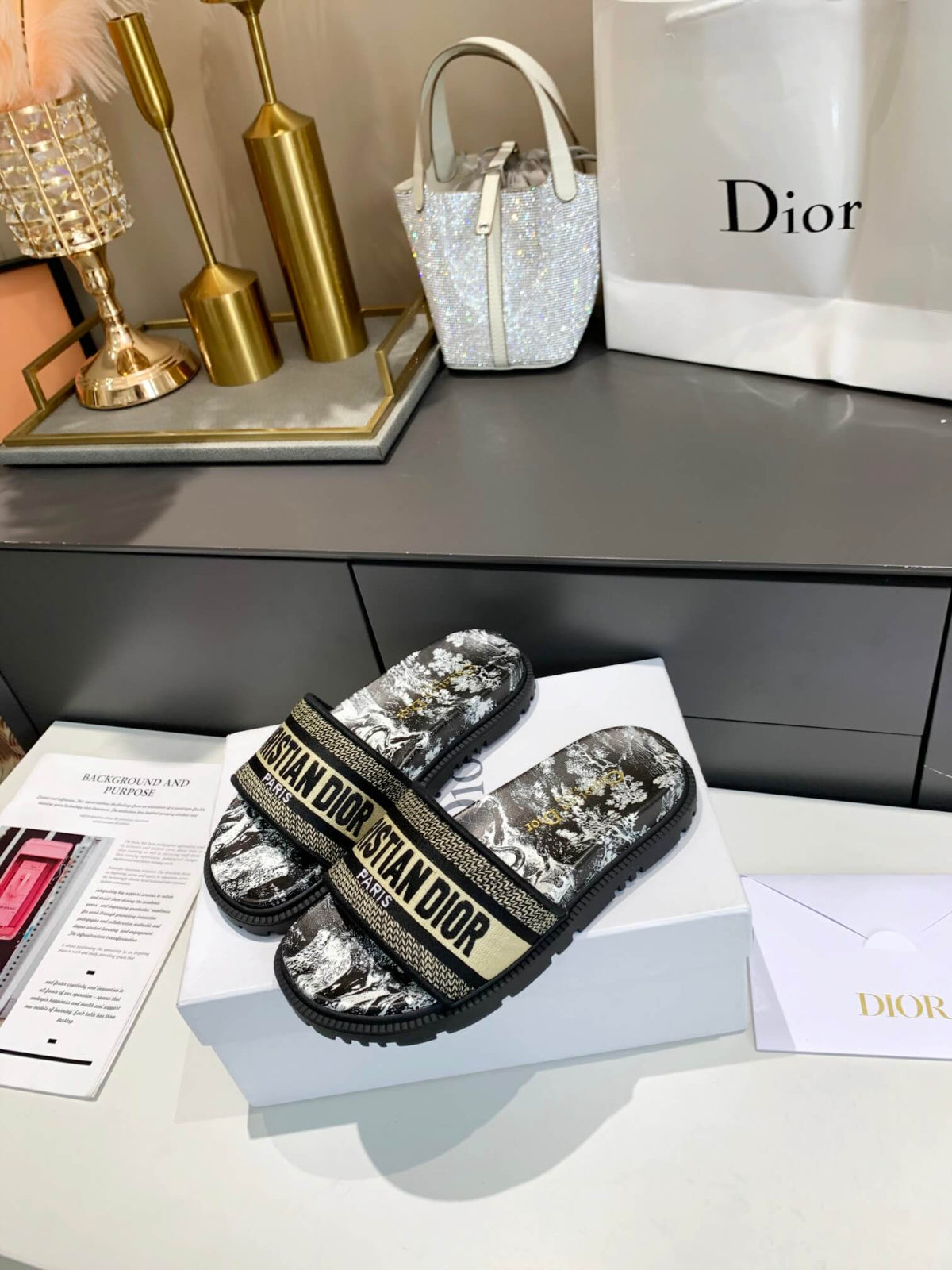 Dior D-Way Black and White Toile de Jouy with Beige Embroidered Strap Slides