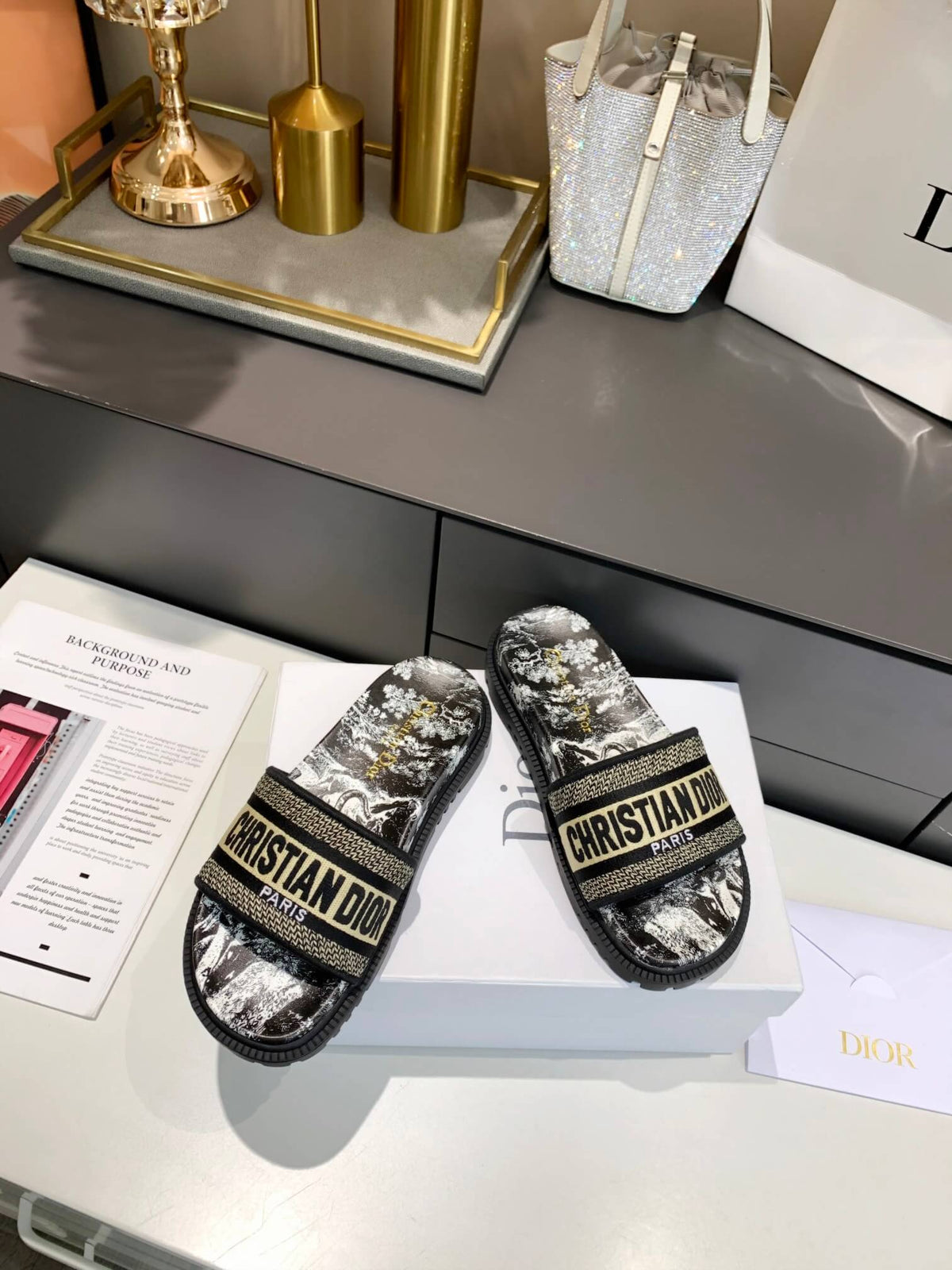 Dior D-Way Black and White Toile de Jouy with Beige Embroidered Strap Slides