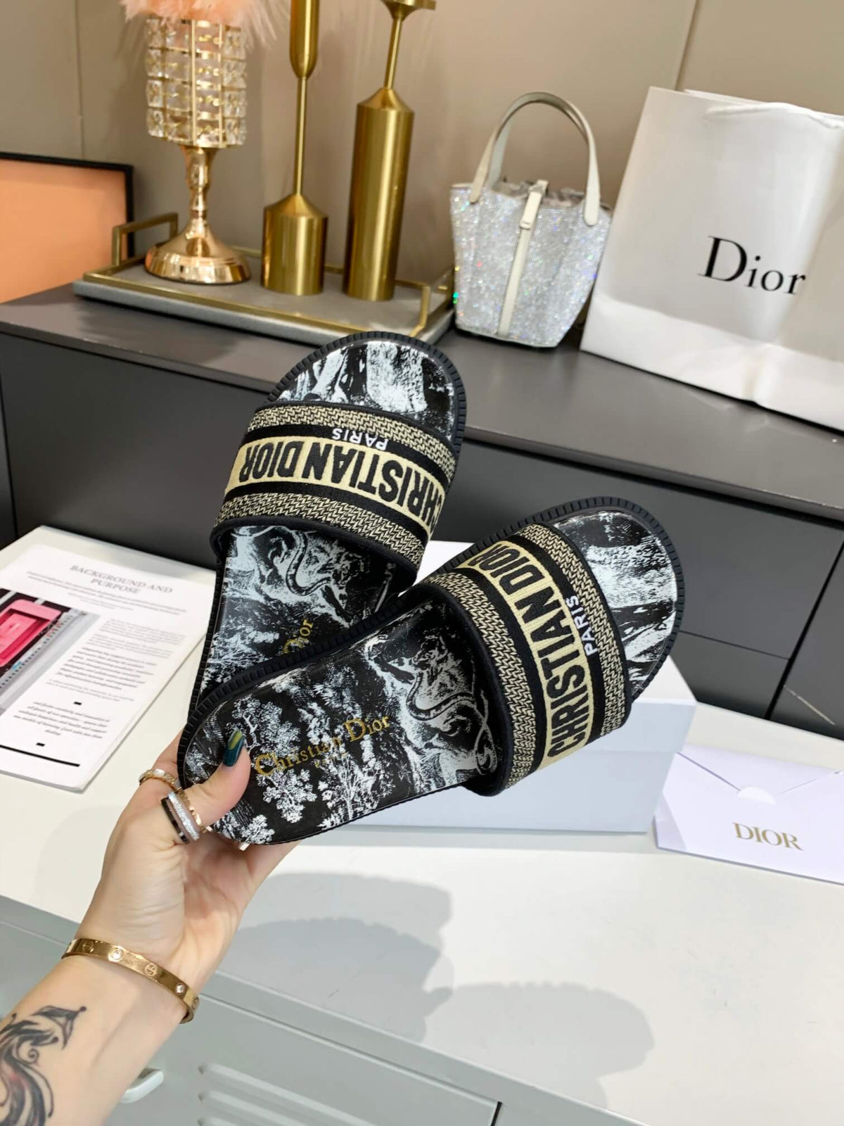 Dior D-Way Black and White Toile de Jouy with Beige Embroidered Strap Slides
