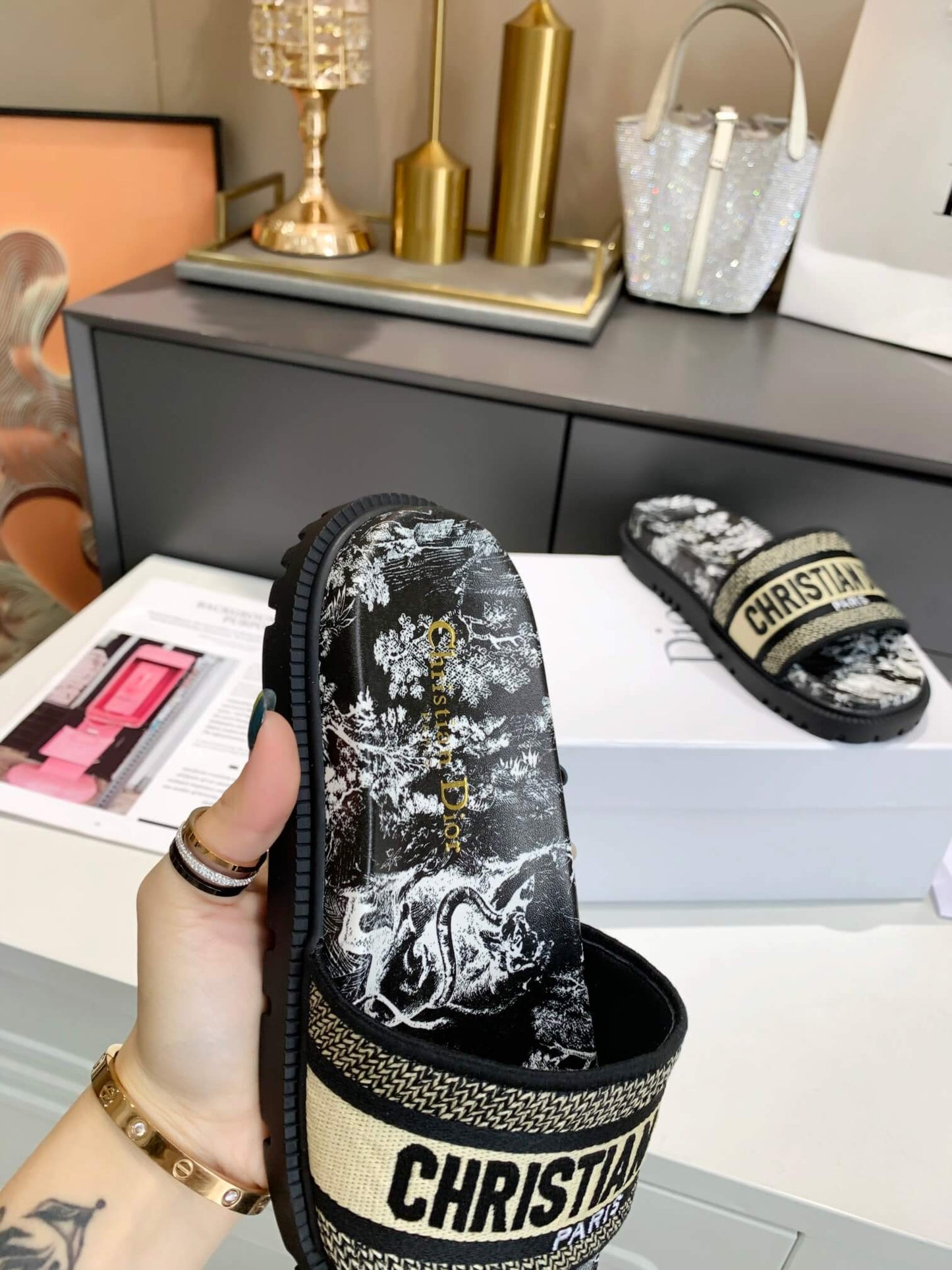 Dior D-Way Black and White Toile de Jouy with Beige Embroidered Strap Slides