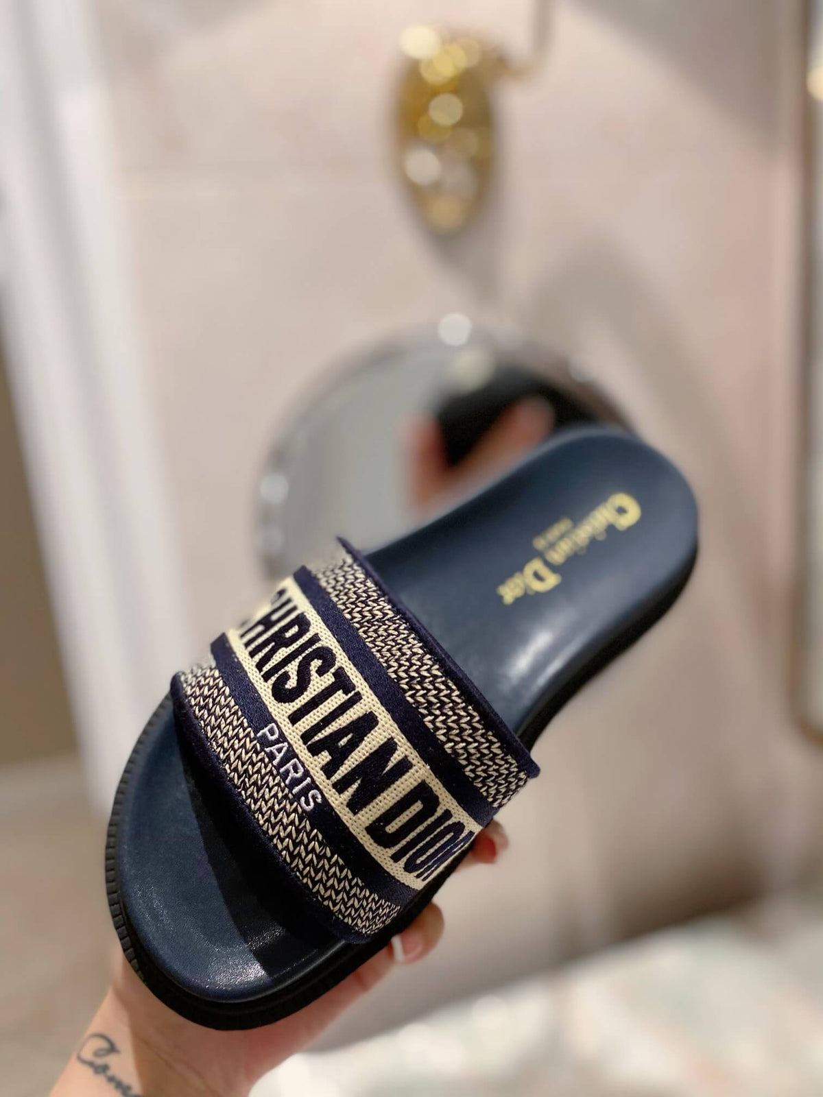 Dior D-Way Black with Gold Embroidered Strap Slides