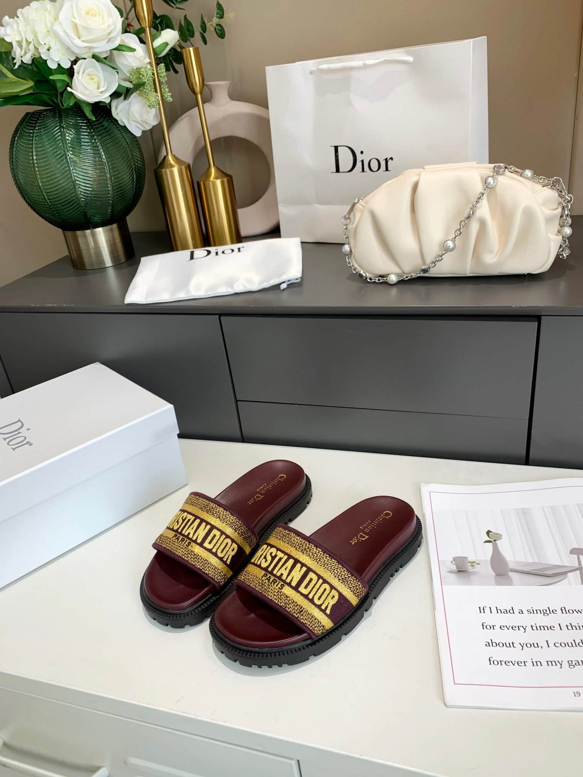 Dior D-Way Chocolate Brown with Gold Embroidered Strap Slides