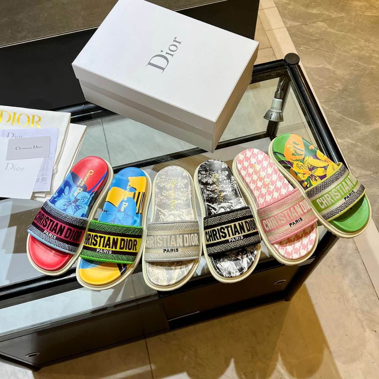 Dior D-Way Forest Green Multicolor with Cream and Yellow Embroidered Strap Slide