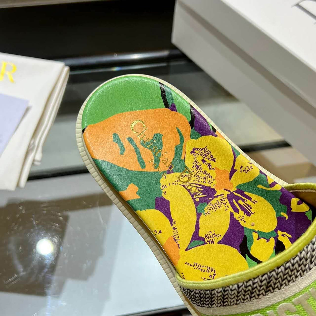 Dior D-Way Lime Green Multicolor with Cream Embroidered Strap Slide