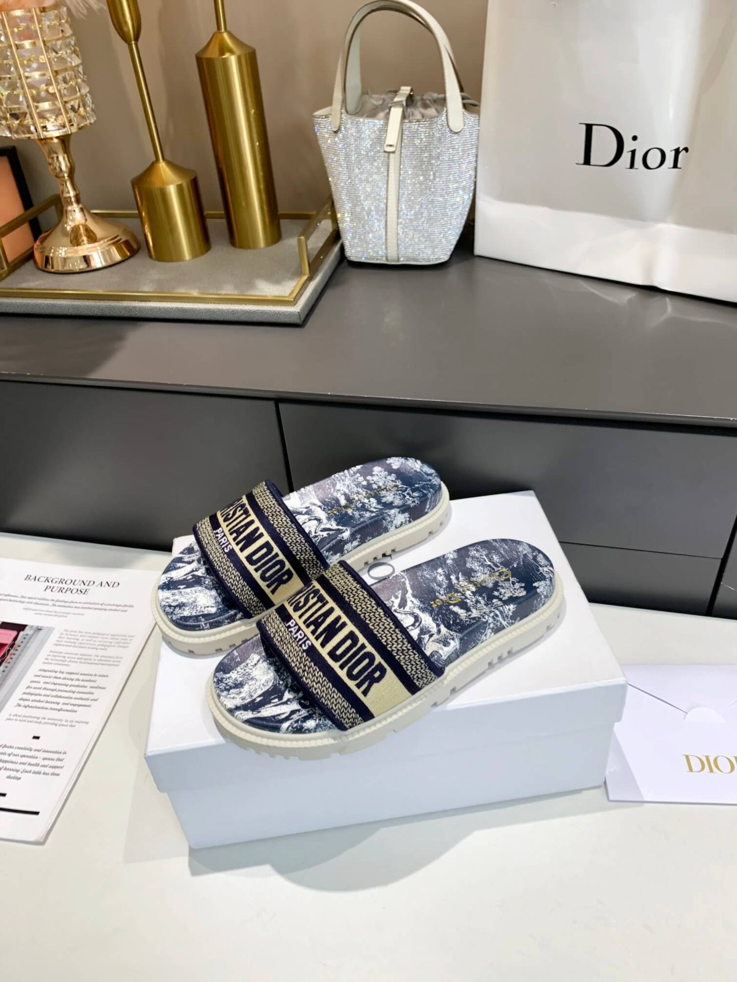 Dior D-Way Navy Blue Toile de Jouy with Beige Embroidered Strap Slides