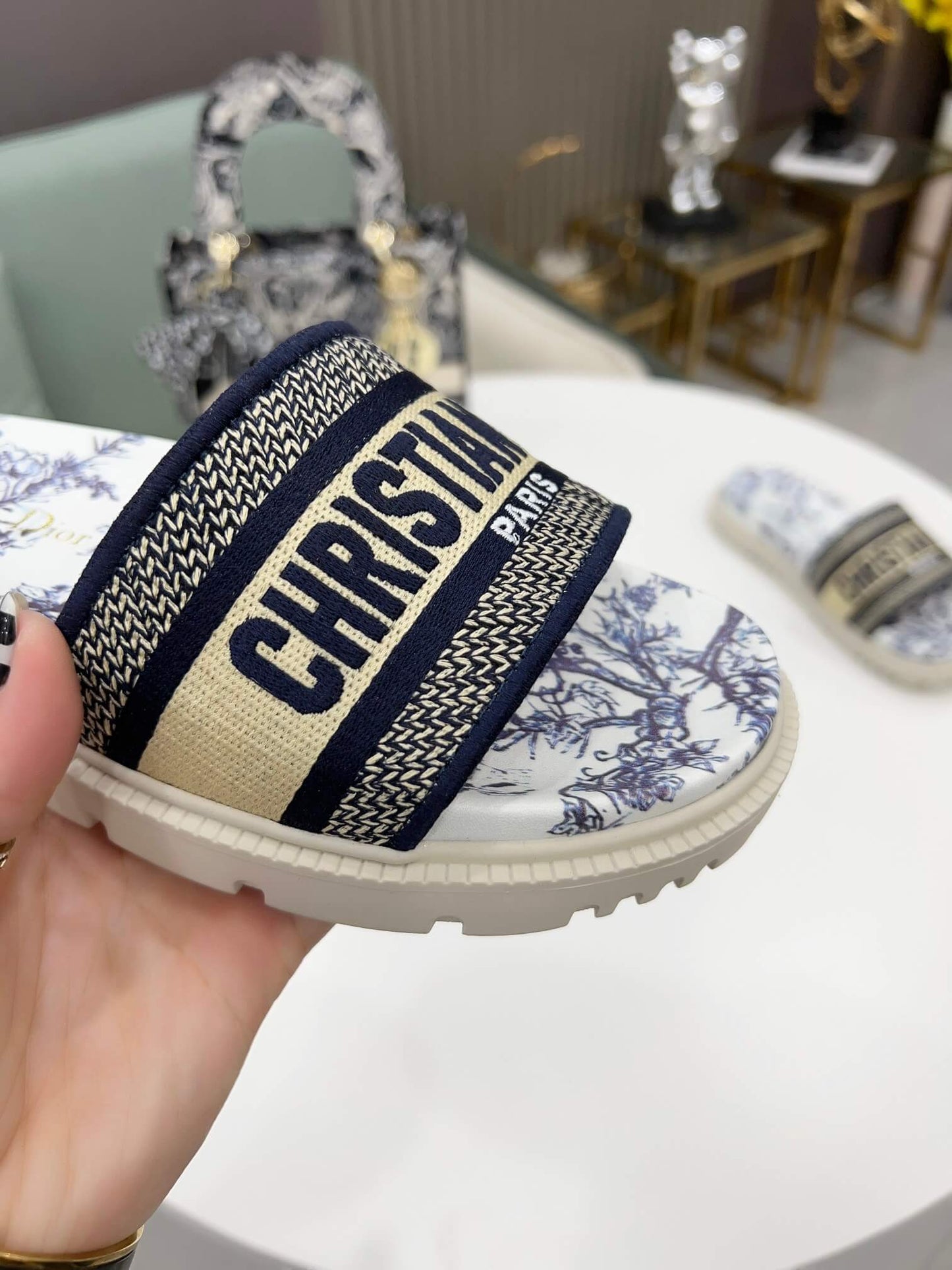 Dior D-Way Navy Blue and White Toile de Jouy with Cream Embroidered Strap Slide