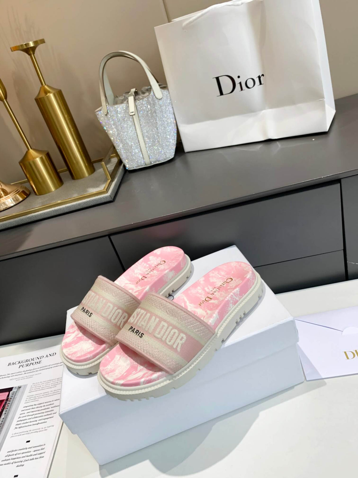 Dior D-Way Pink Marble with Beige Embroidered Strap Slides