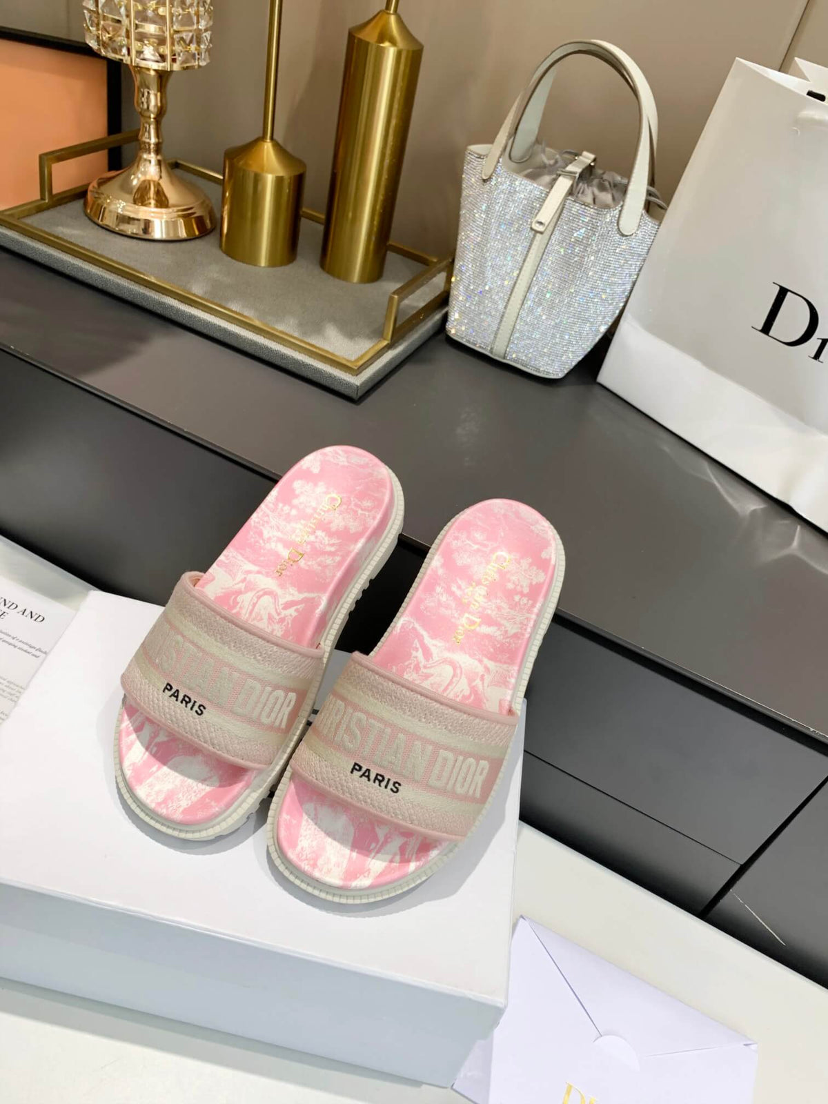 Dior D-Way Pink Marble with Beige Embroidered Strap Slides