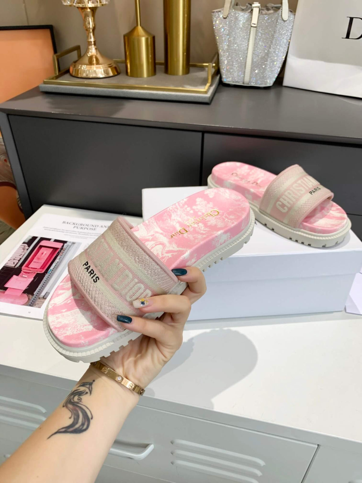 Dior D-Way Pink Marble with Beige Embroidered Strap Slides