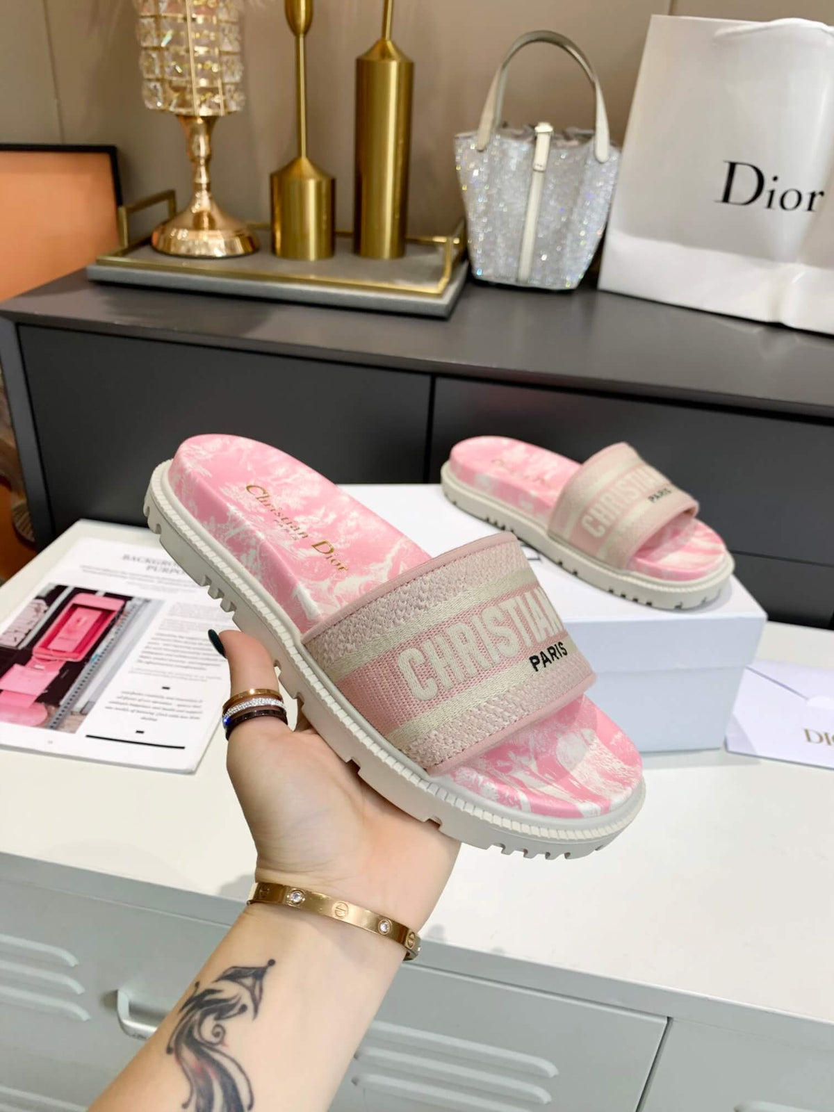 Dior D-Way Pink Marble with Beige Embroidered Strap Slides