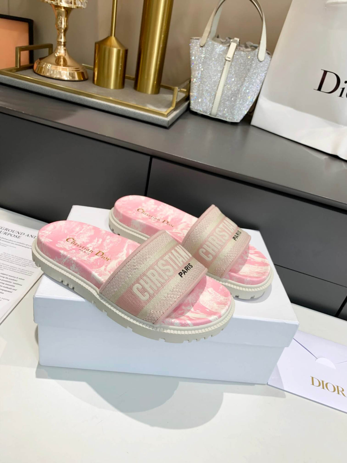 Dior D-Way Pink Marble with Beige Embroidered Strap Slides