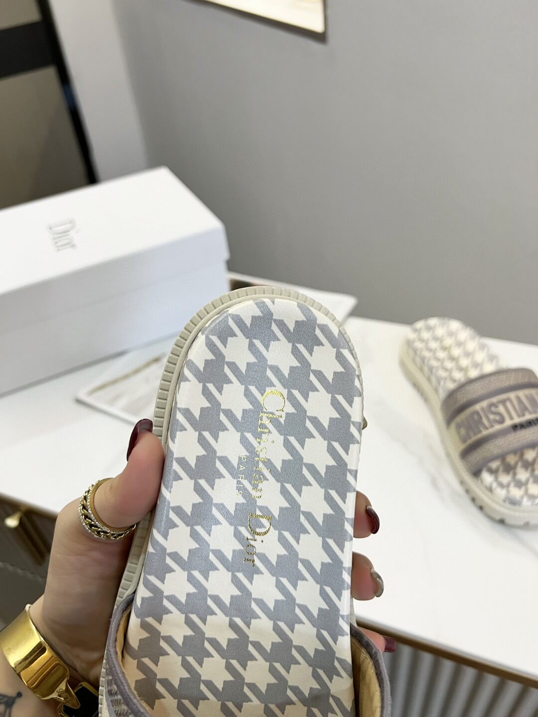Dior D-Way Pink and White Houndstooth with Coordinating Embroidered Strap Slides