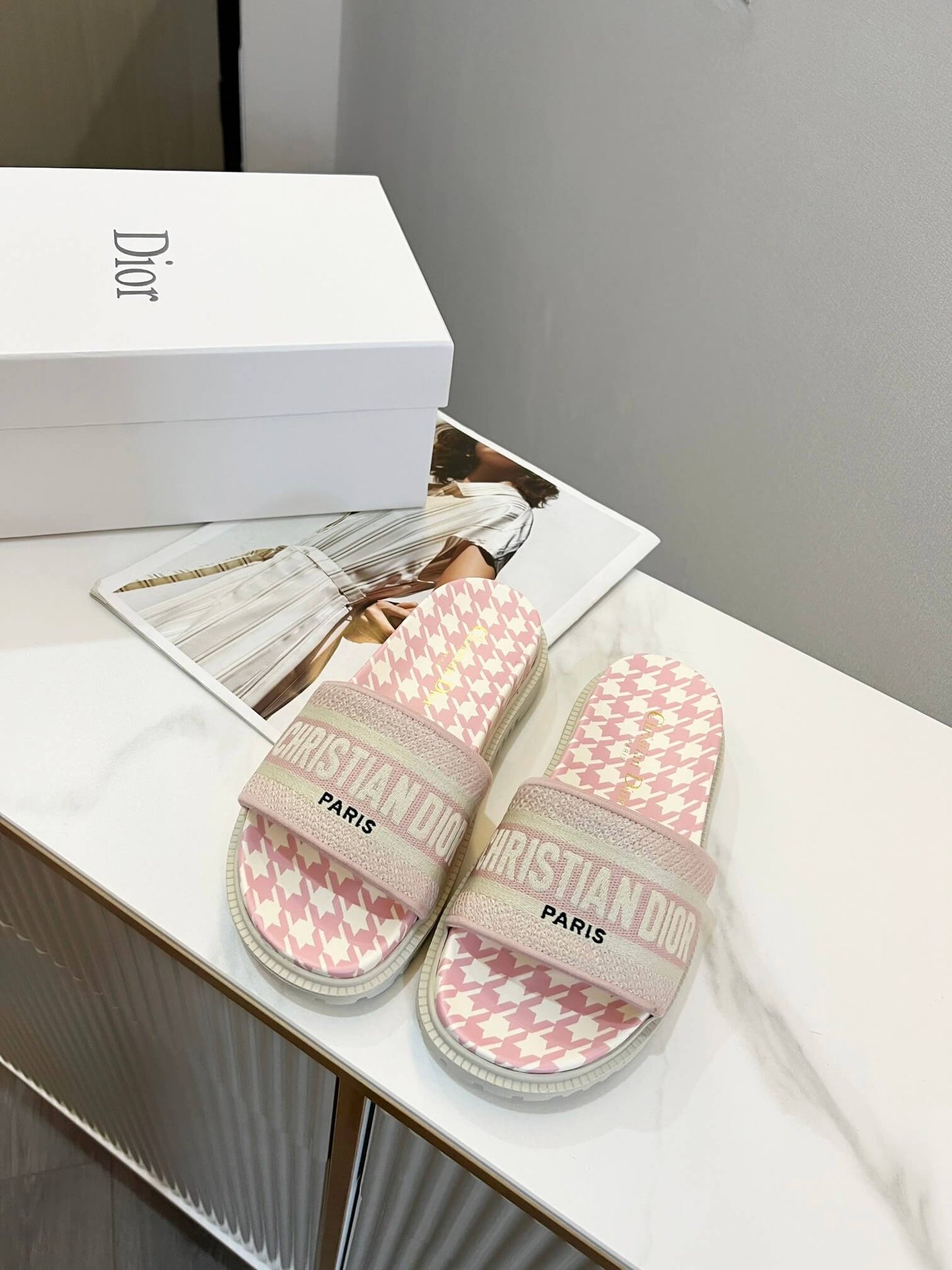 Dior D-Way Pink and White Houndstooth with Matching Embroidered Strap Slide
