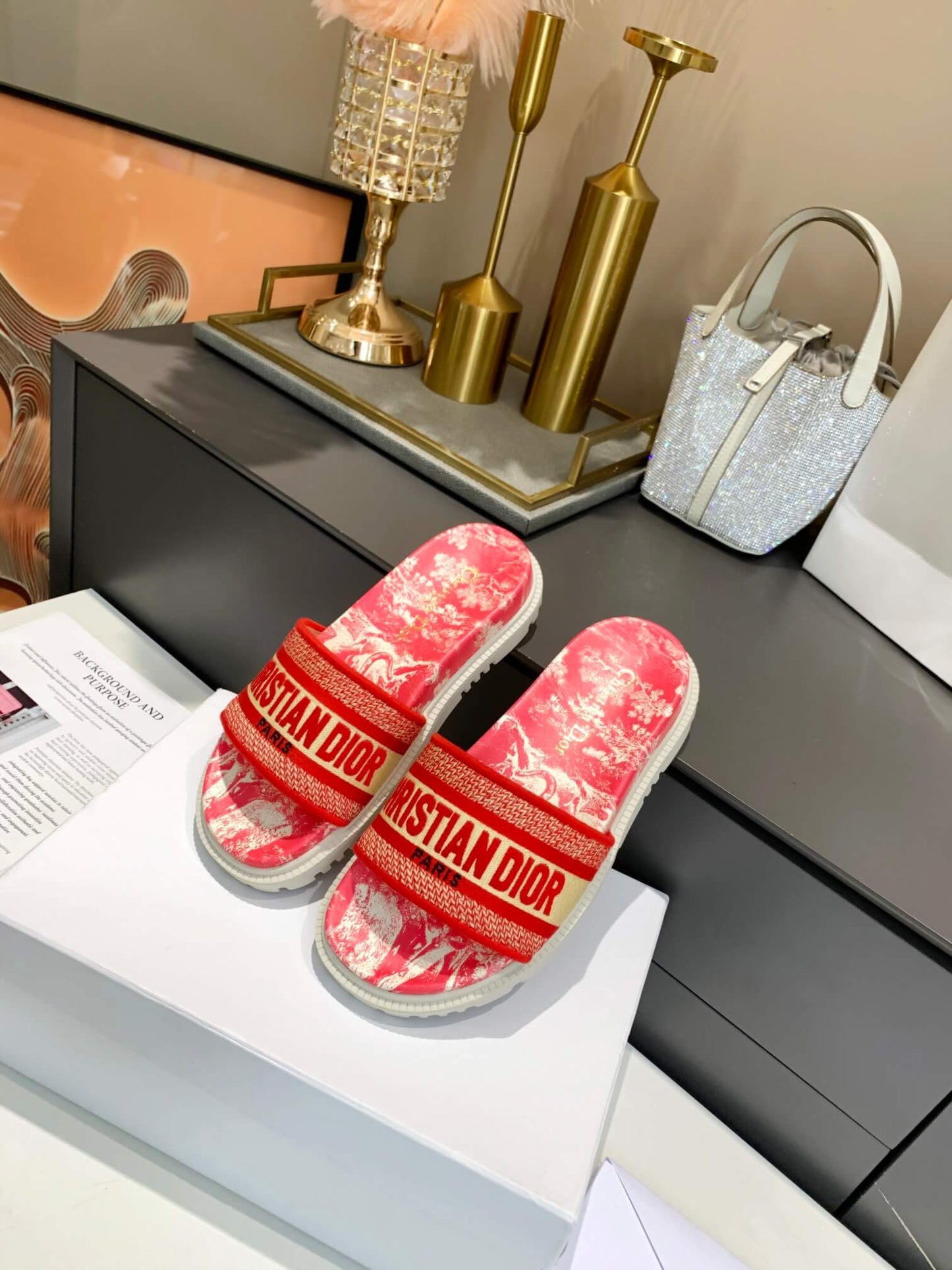 Dior D-Way Red Marble with Bold Orange Embroidered Strap Slides