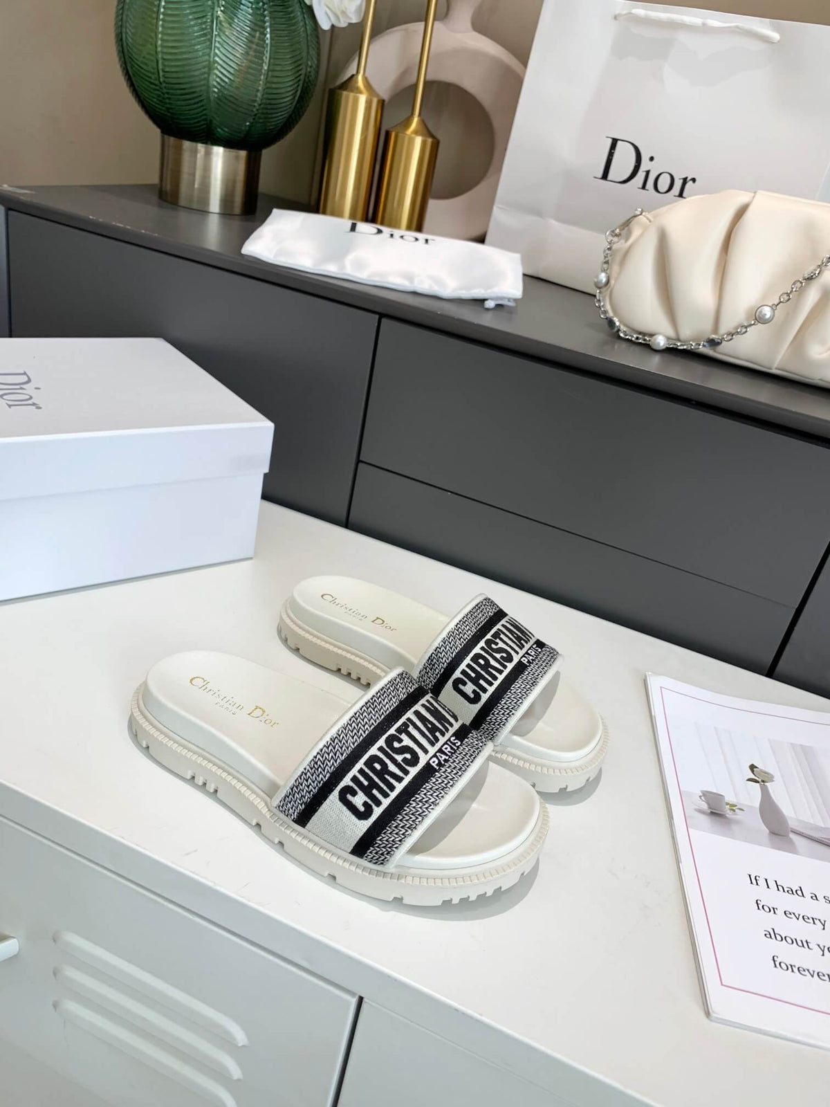 Dior D-Way White with Black Embroidered Strap Slides