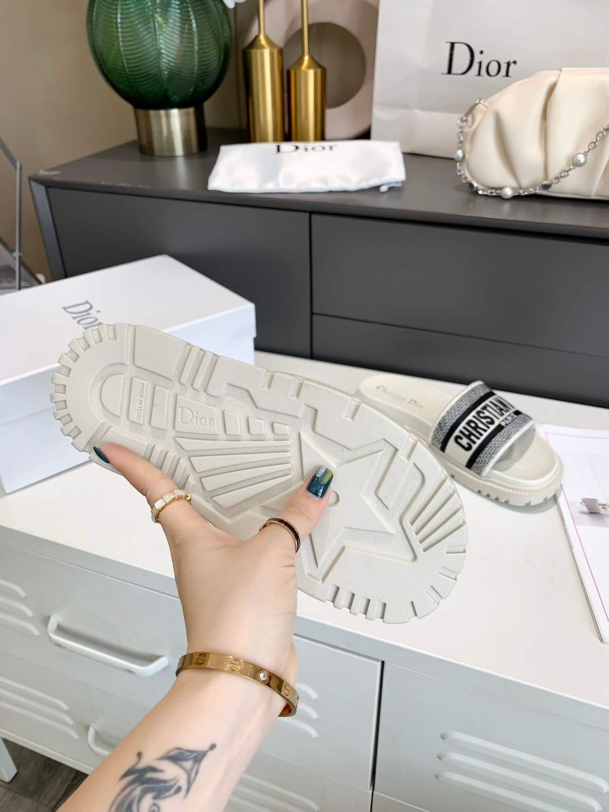 Dior D-Way White with Black Embroidered Strap Slides