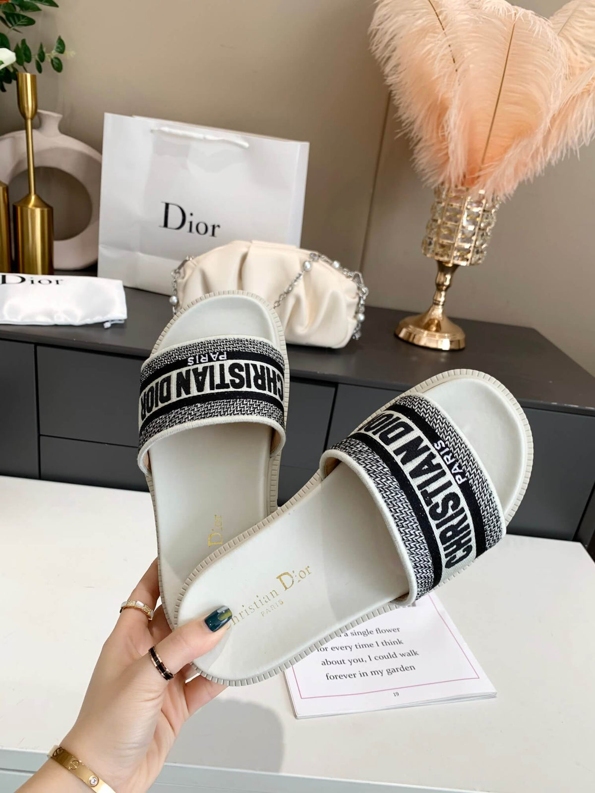 Dior D-Way White with Black Embroidered Strap Slides