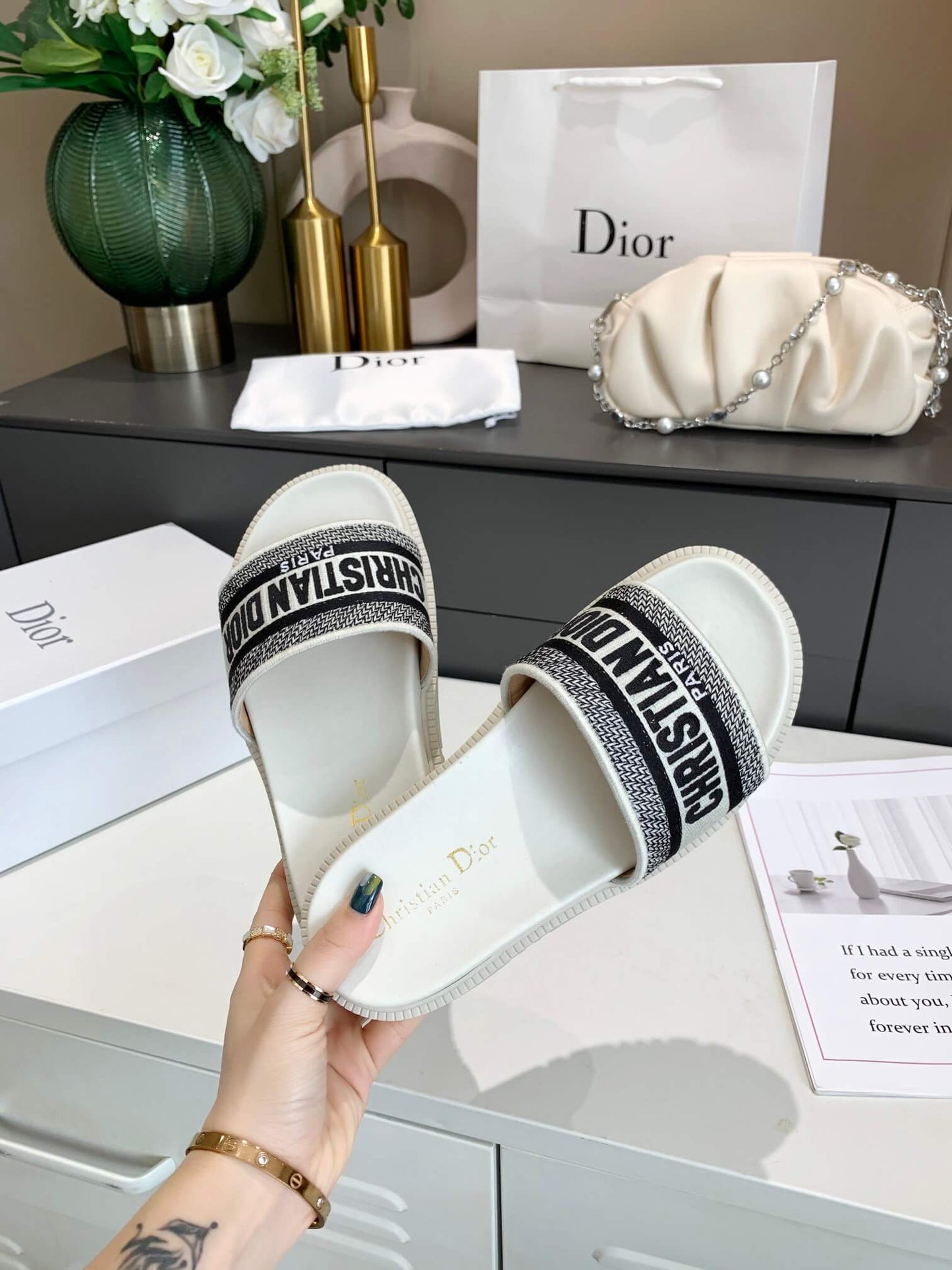 Dior D-Way White with Black Embroidered Strap Slides