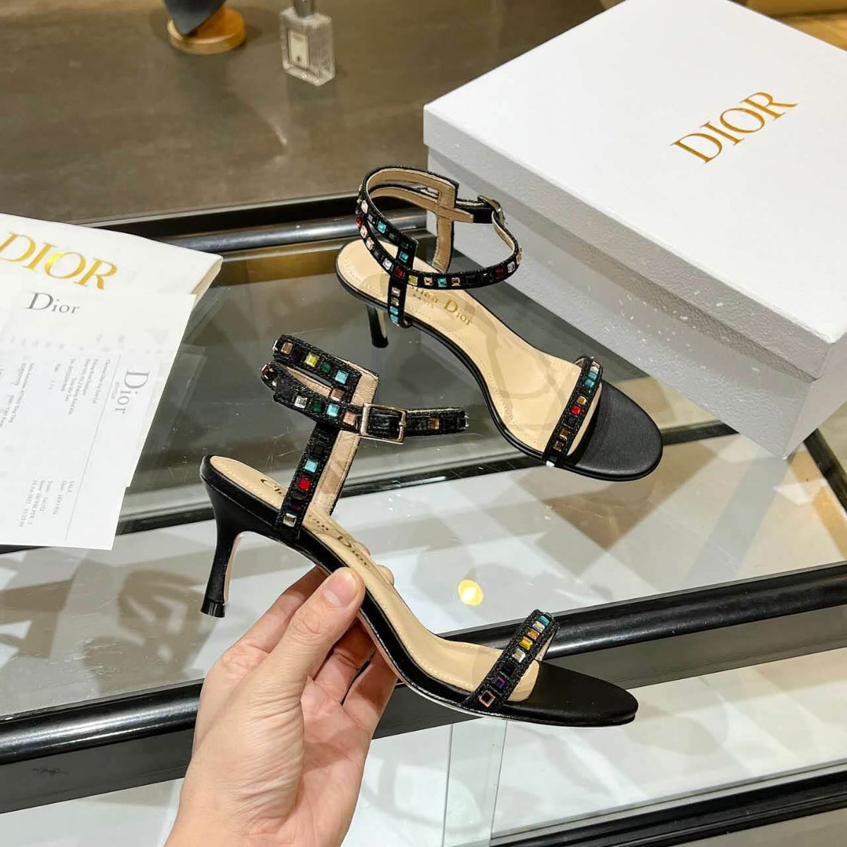 Dior Dway Heeled Sandal Cream and Black Mixed Heel