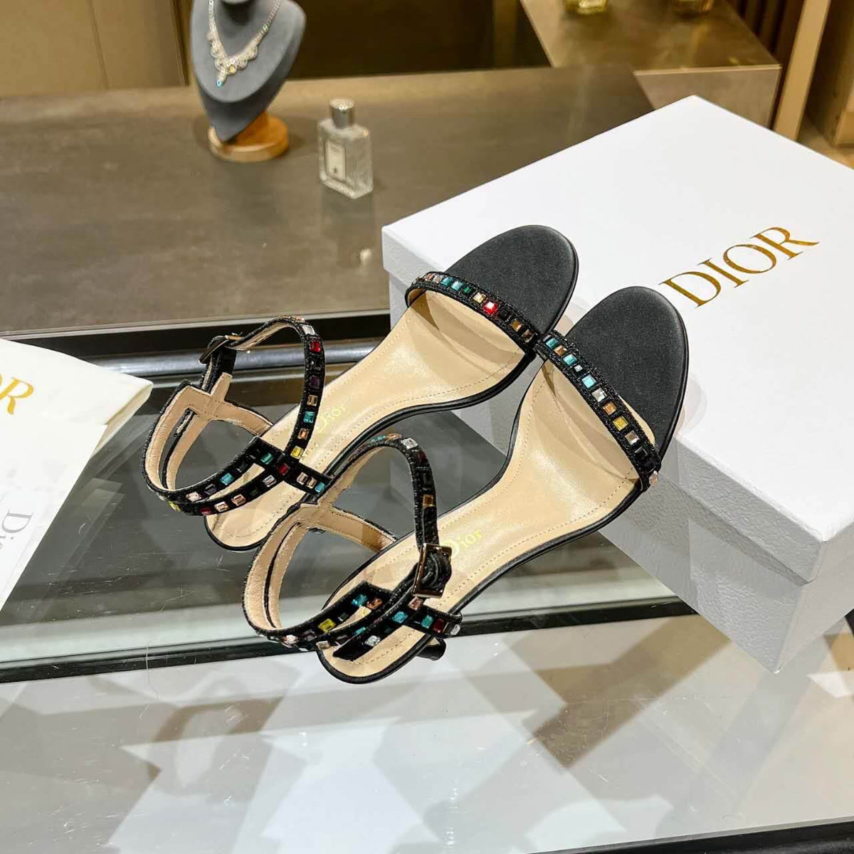 Dior Dway Heeled Sandal Cream and Black Mixed Heel
