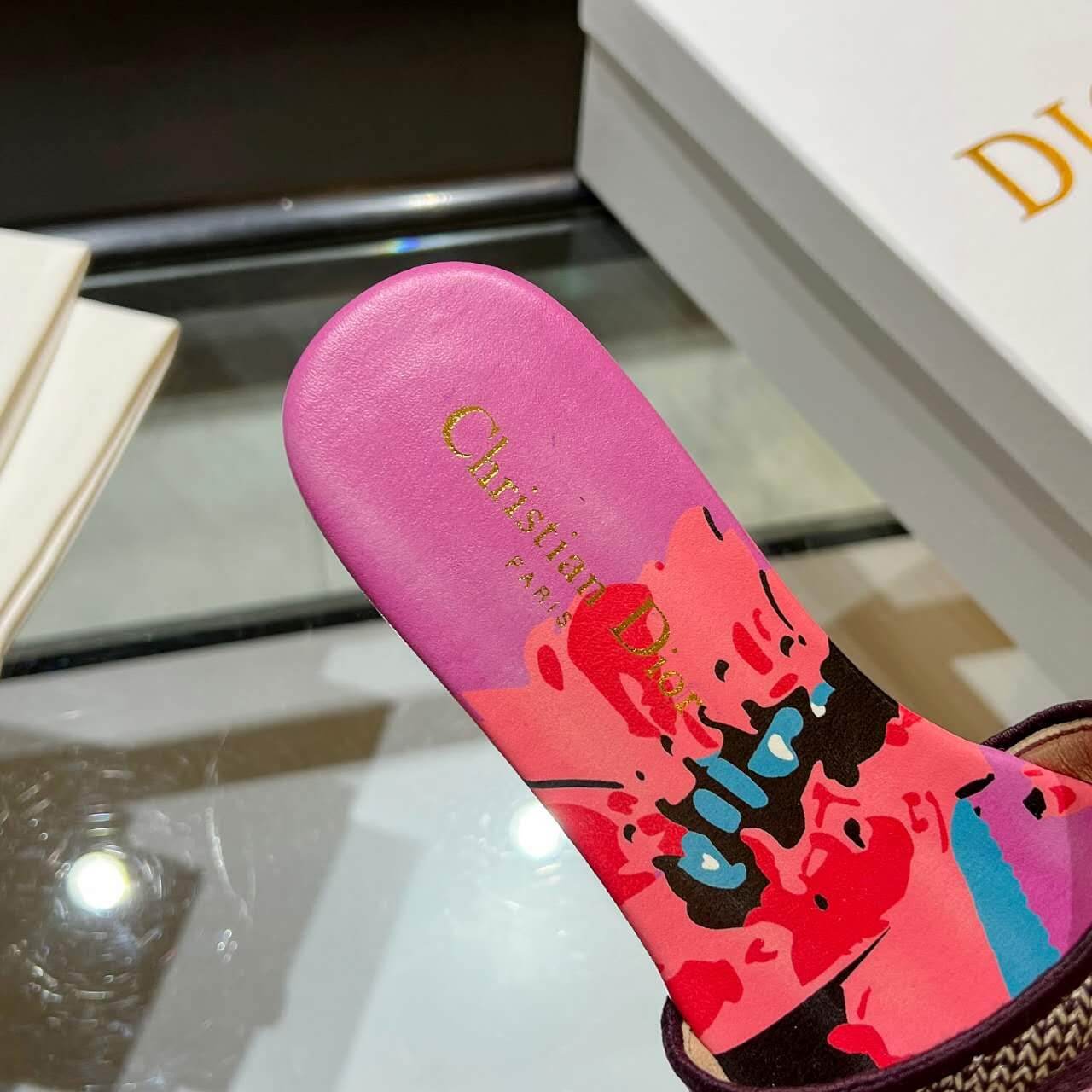 Dior Dway Pink Multicolor with Purple Embroidered Strap Slide Sandals
