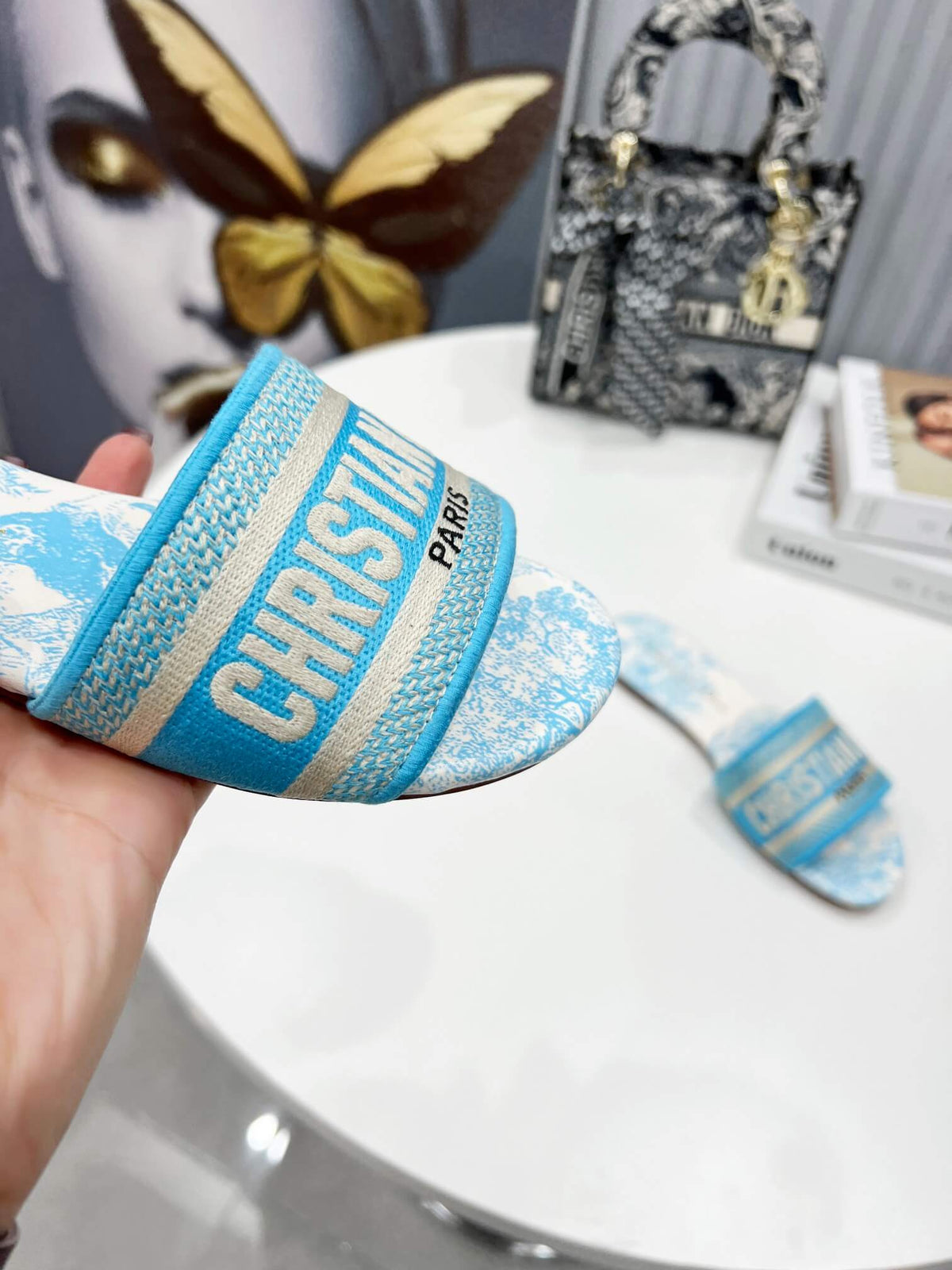 Dior Dway Sky Blue Toile de Jouy with Blue Embroidered Strap Slide Sandals