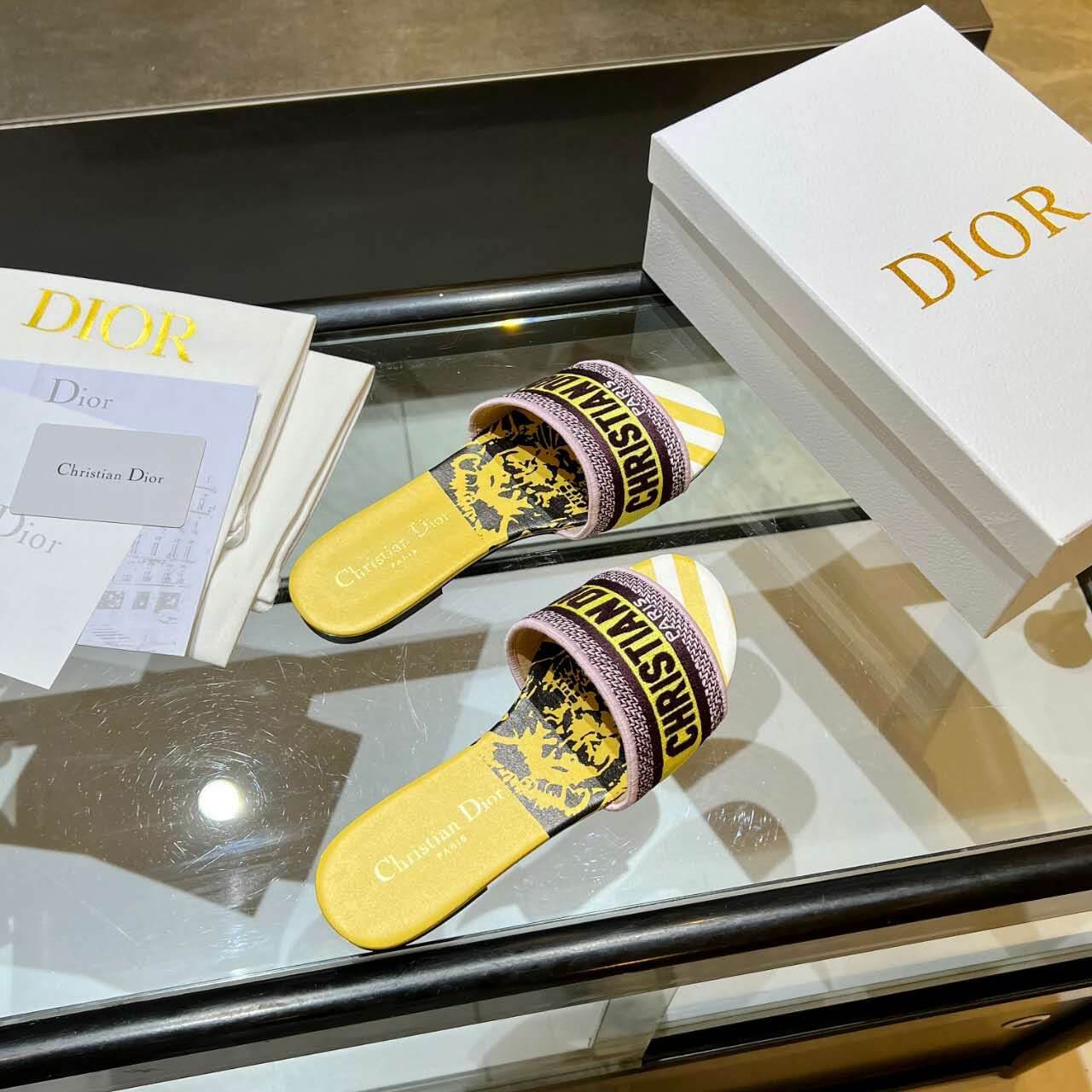 Dior Dway Yellow Multicolor with Purple and Gold Embroidered Strap Slide Sandals