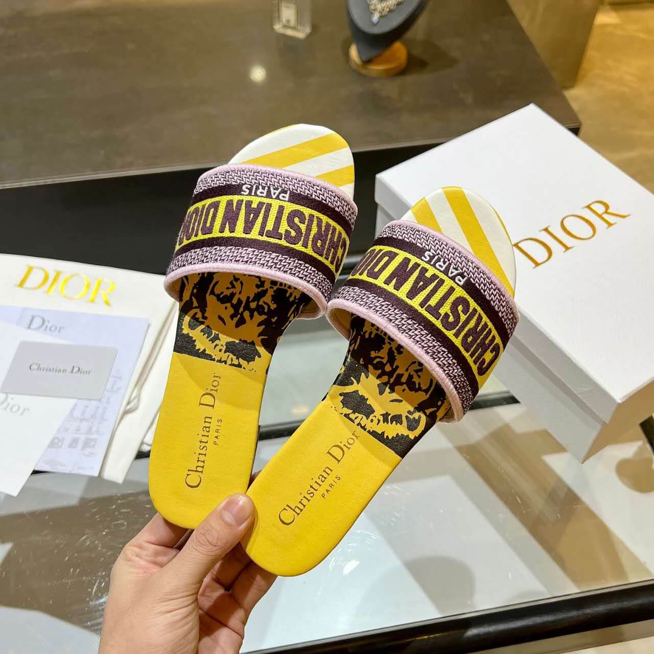 Dior Dway Yellow Multicolor with Purple and Gold Embroidered Strap 