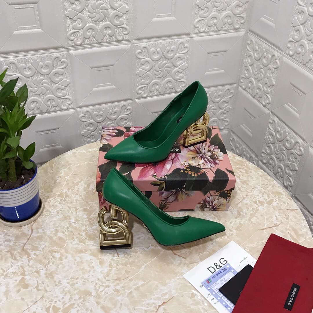 Dolce & Gabbana Green Leather Pumps with Gold Sculptural DG Logo Heel