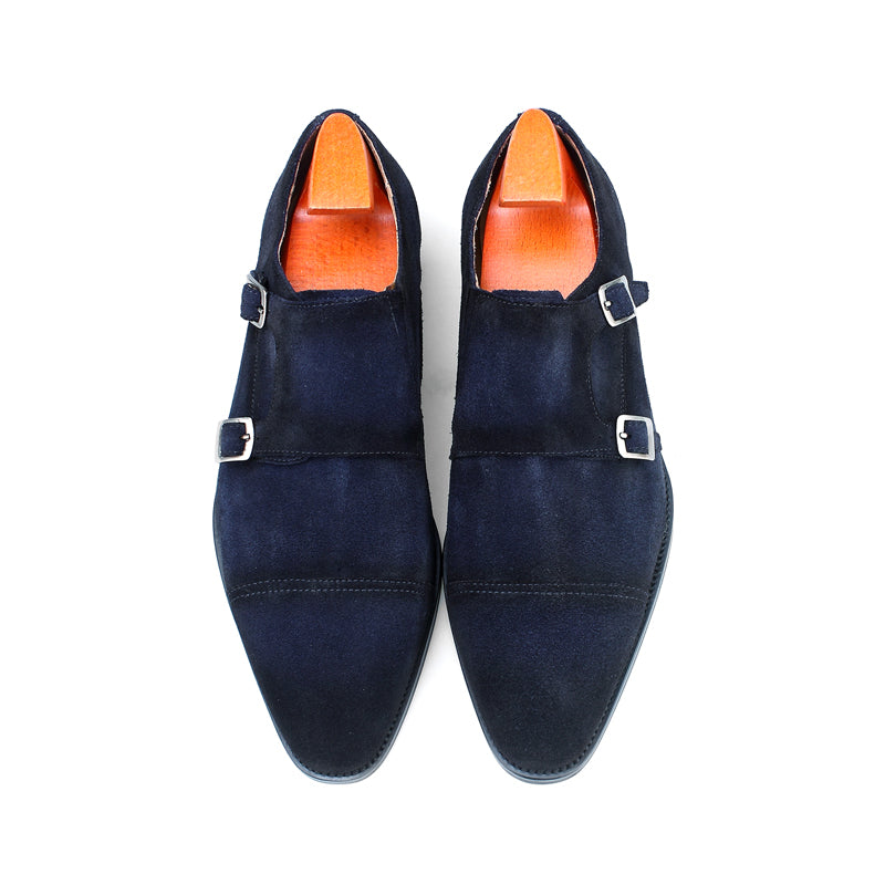 Chaussures à double boucle en nubuck bleu marine fabriquées à la main