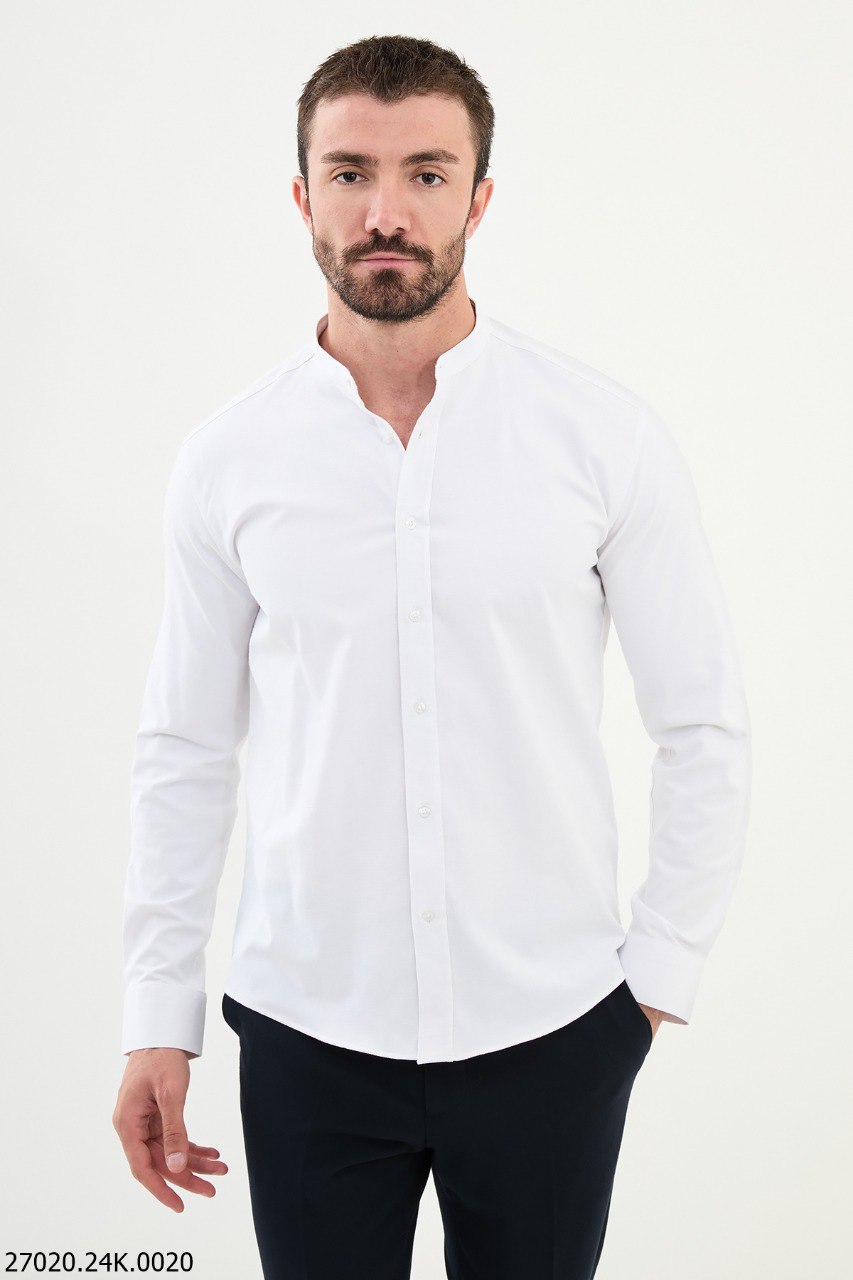 Ecru Mandarin Collar Slim-Fit Shirt. HolloMen Ecru Mandarin Collar Slim-Fit Shirt. HolloMen
